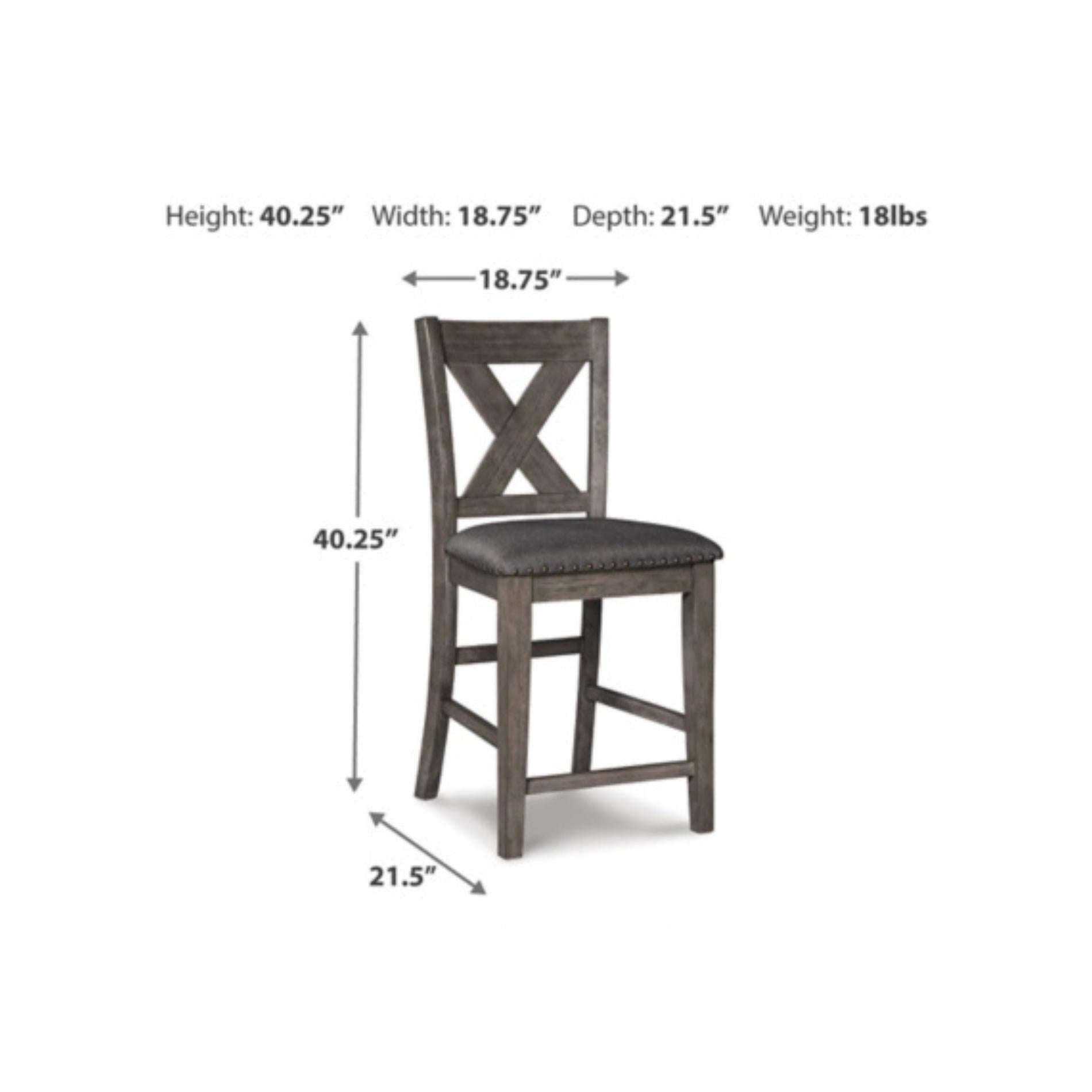 Gray wooden bar stool with dimensions labeled on a white background