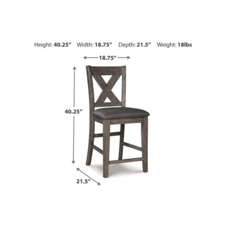 Gray wooden bar stool with dimensions labeled on a white background