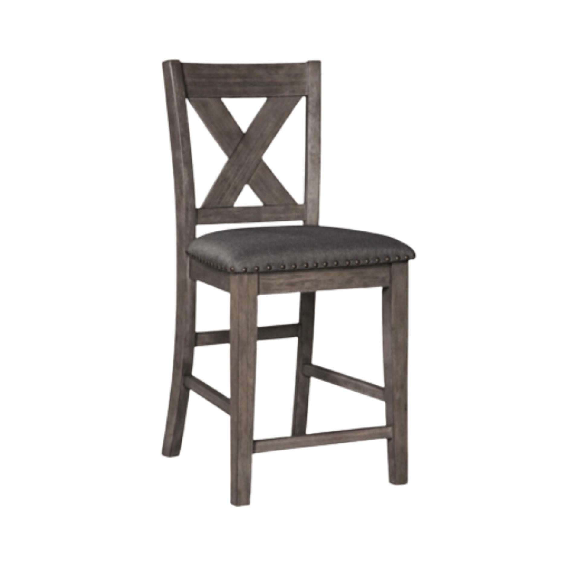 Wooden bar stool with a dark gray cushion on a white background