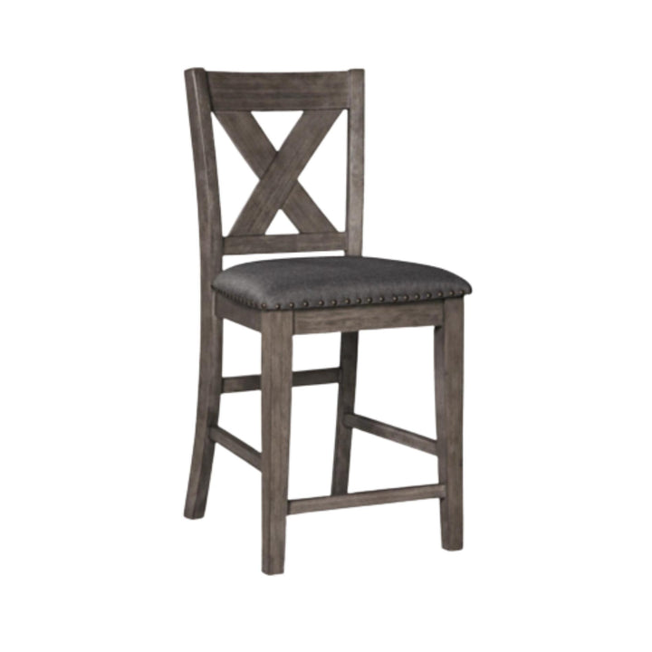 Wooden bar stool with a dark gray cushion on a white background