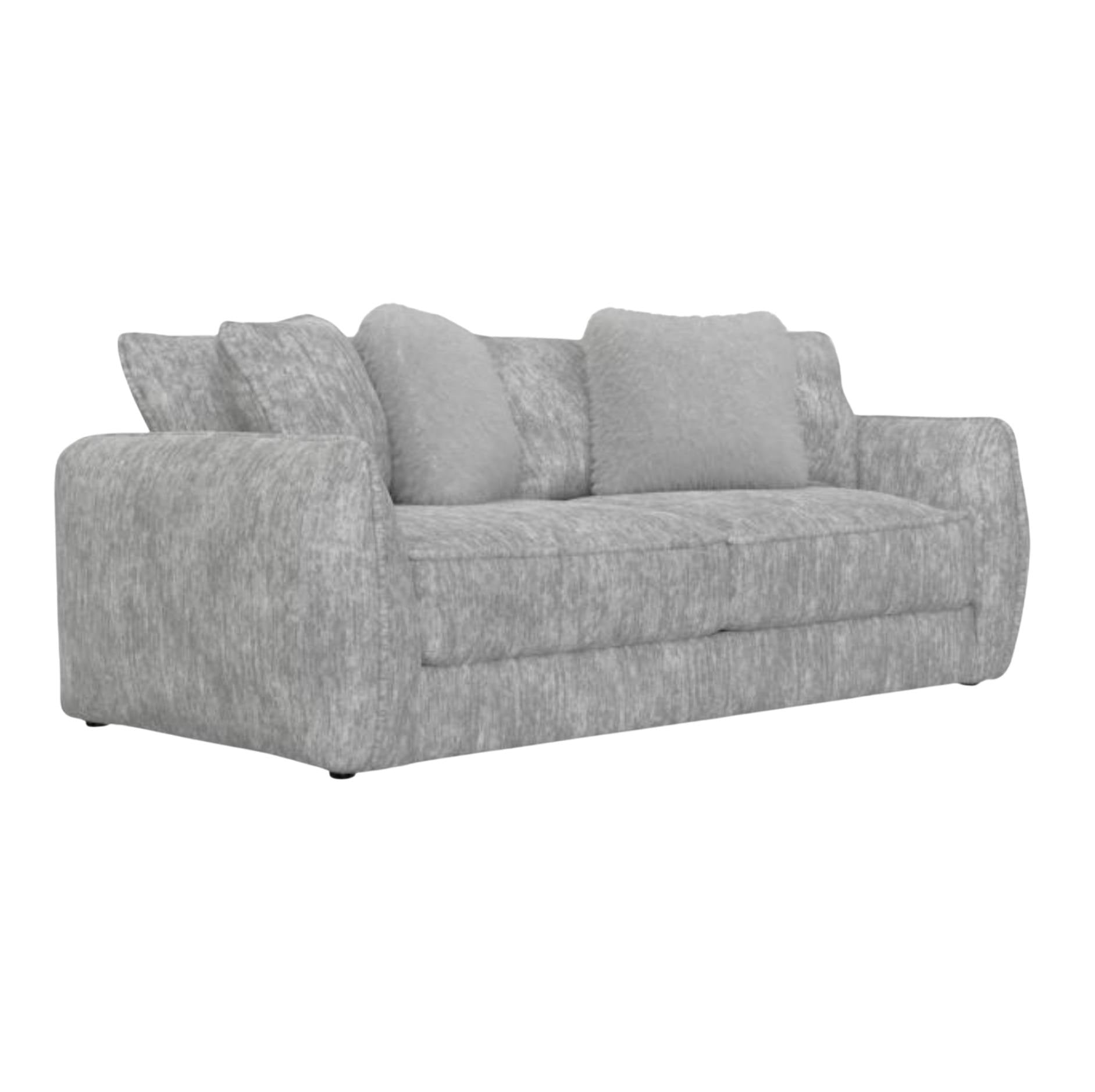 A light gray textured fabric sofa with four matching back cushions, shown from a three-quarter angle against a plain white background.