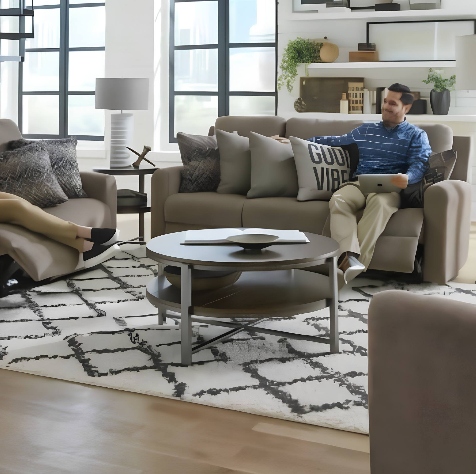 A man relaxes on a beige reclining sofa in a bright, modern living room. The room features a matching beige armchair on the left, a round gray coffee table on a white and gray patterned rug, and large black-framed windows in the background.