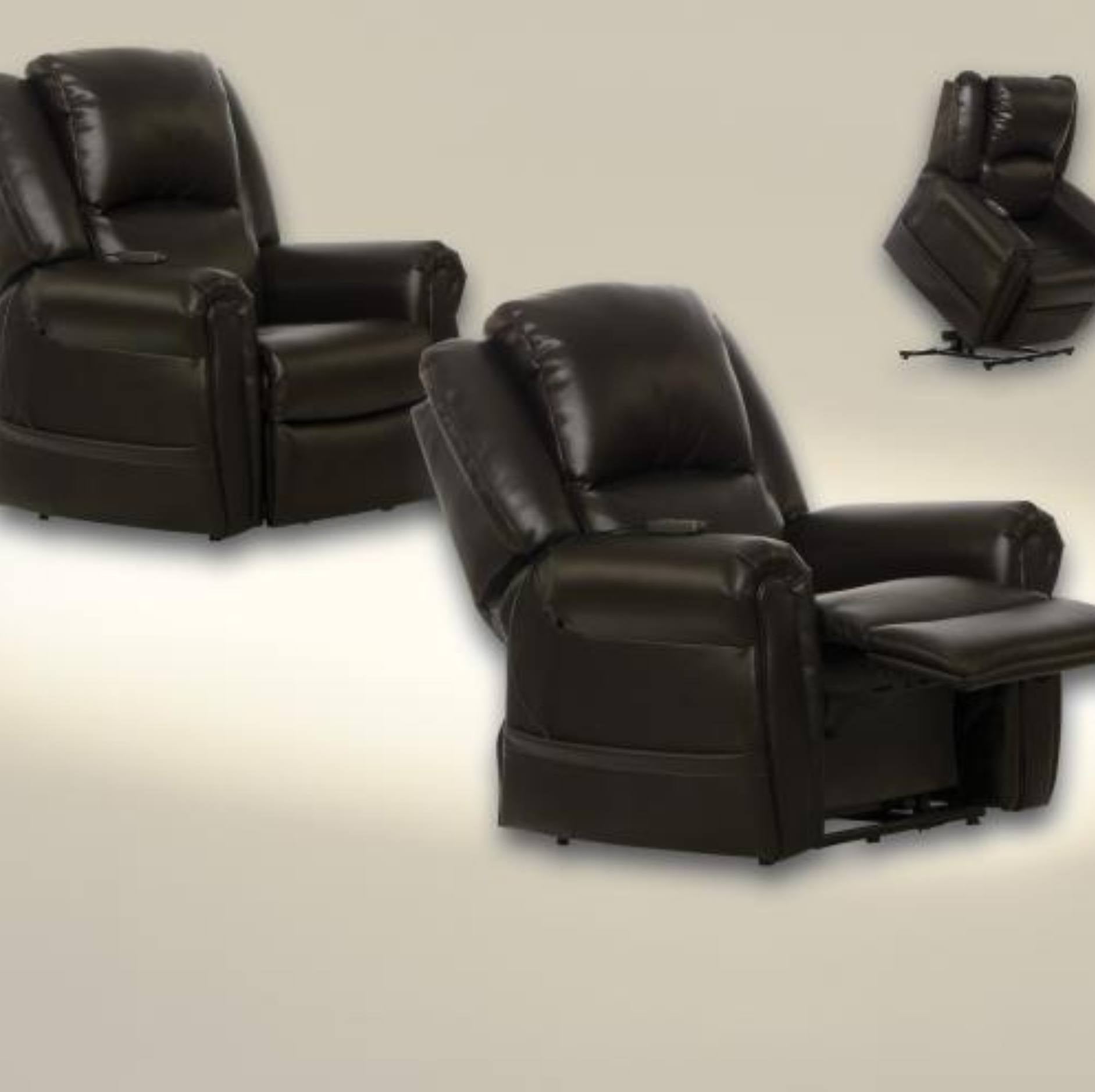 Black leather recliner chair shown from multiple angles, including a side view with extended footrest and a small inset showing the recliner in use.