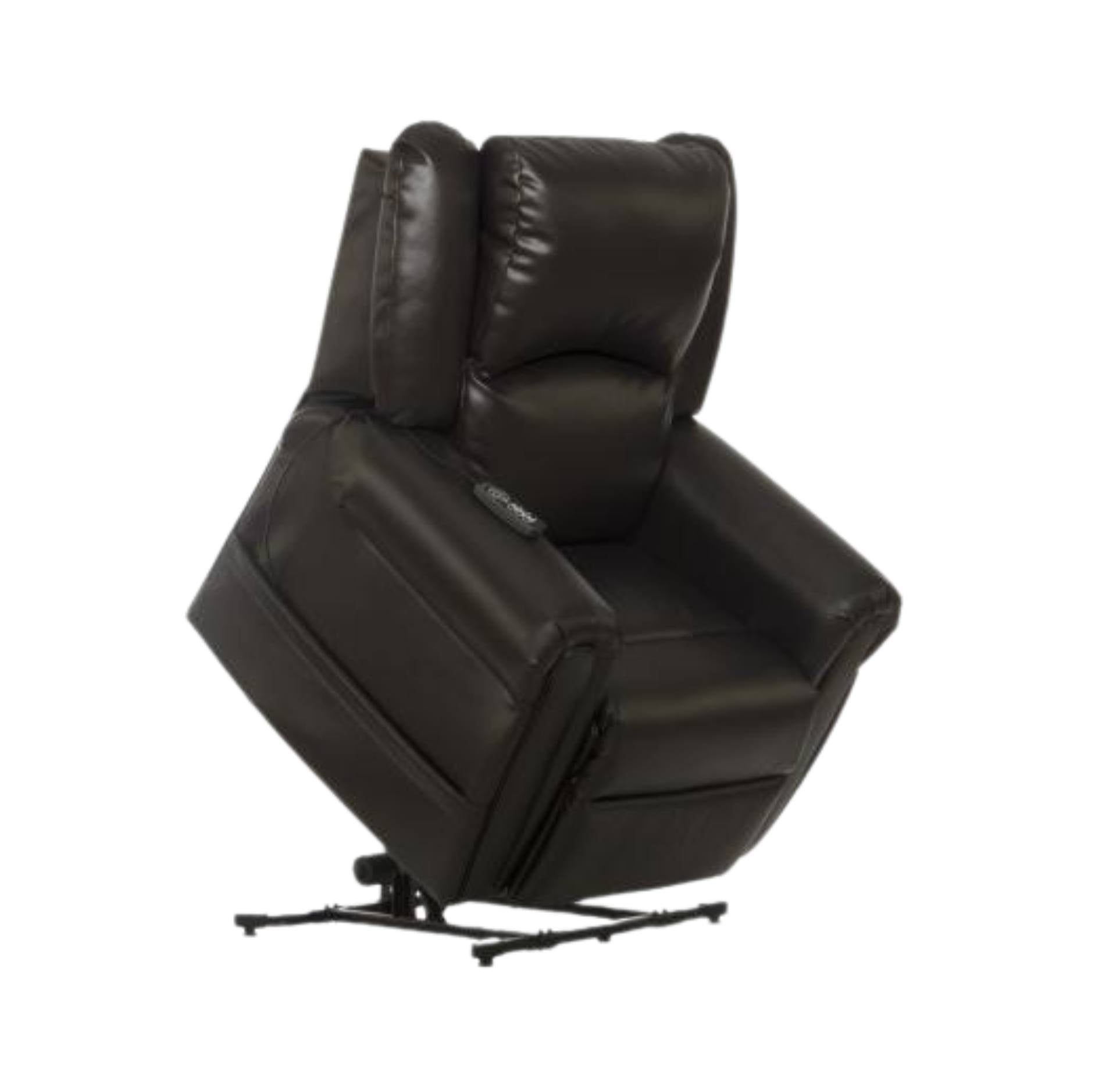 A dark brown faux leather recliner chair with a tilt base and four-star swivel feet, shown from a three-quarter angle against a plain white background.