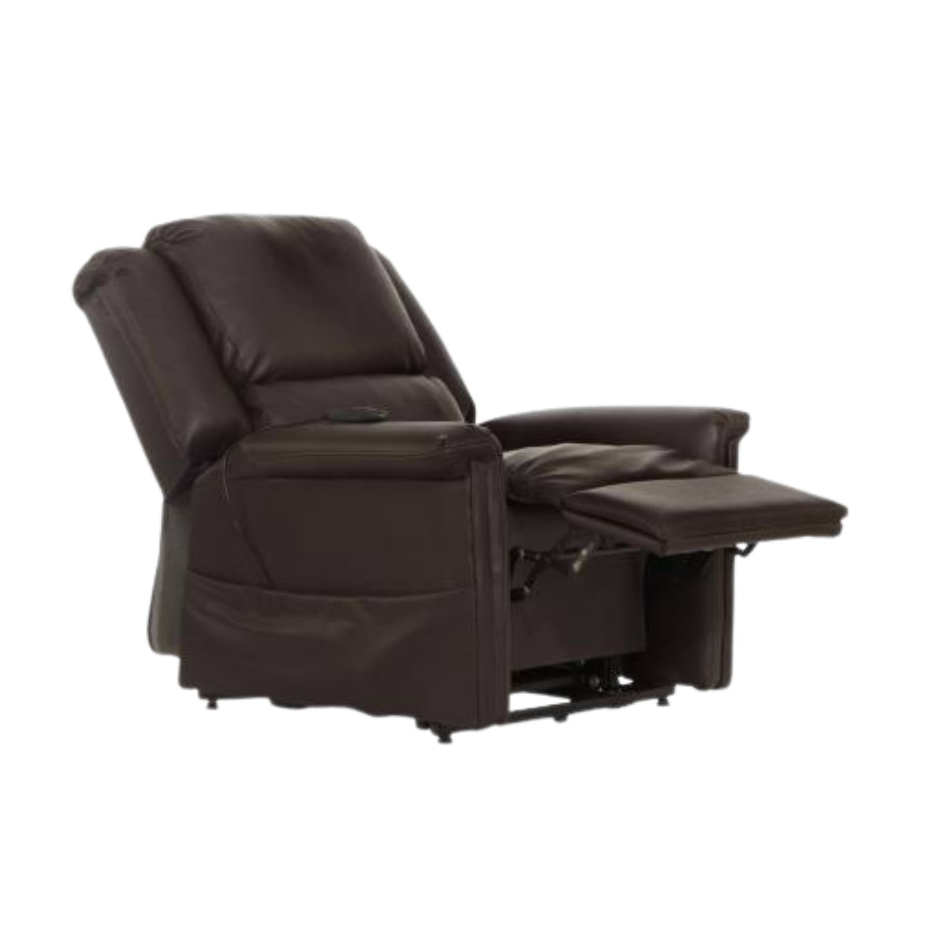 A dark brown leather recliner chair shown in a side profile with the footrest extended, set against a plain white background.