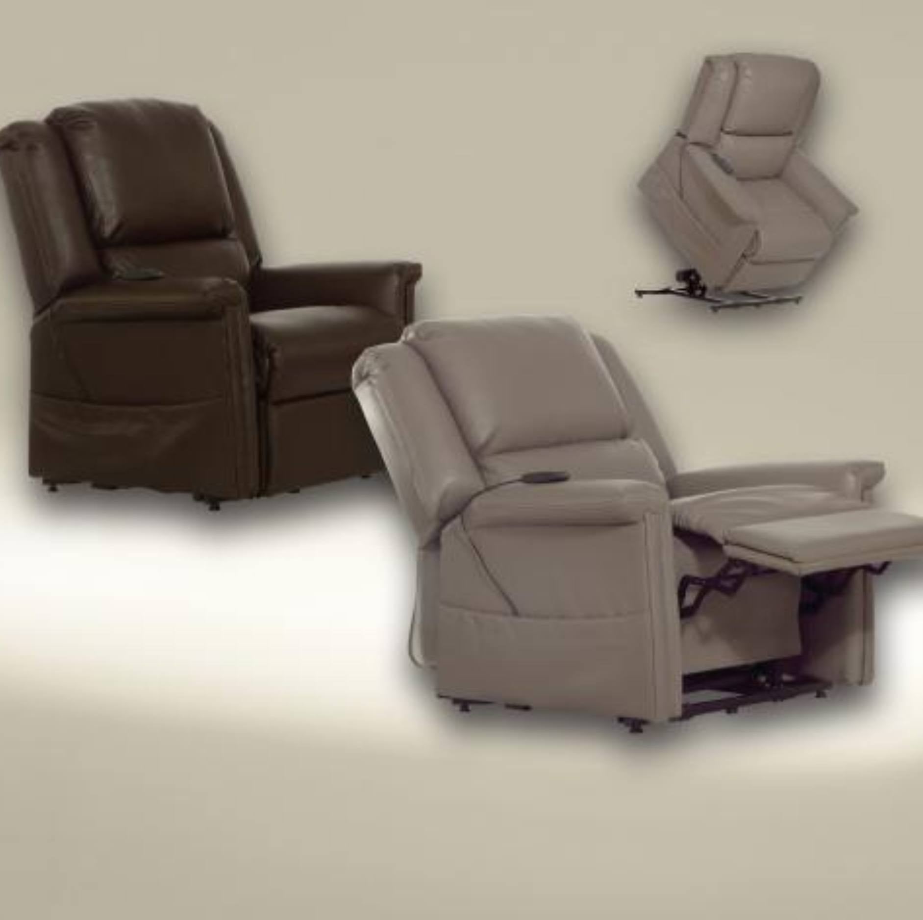 Two leather recliner chairs shown on a plain beige background: one in dark brown and one in light taupe/beige, both photographed from the side with the recliner extended.