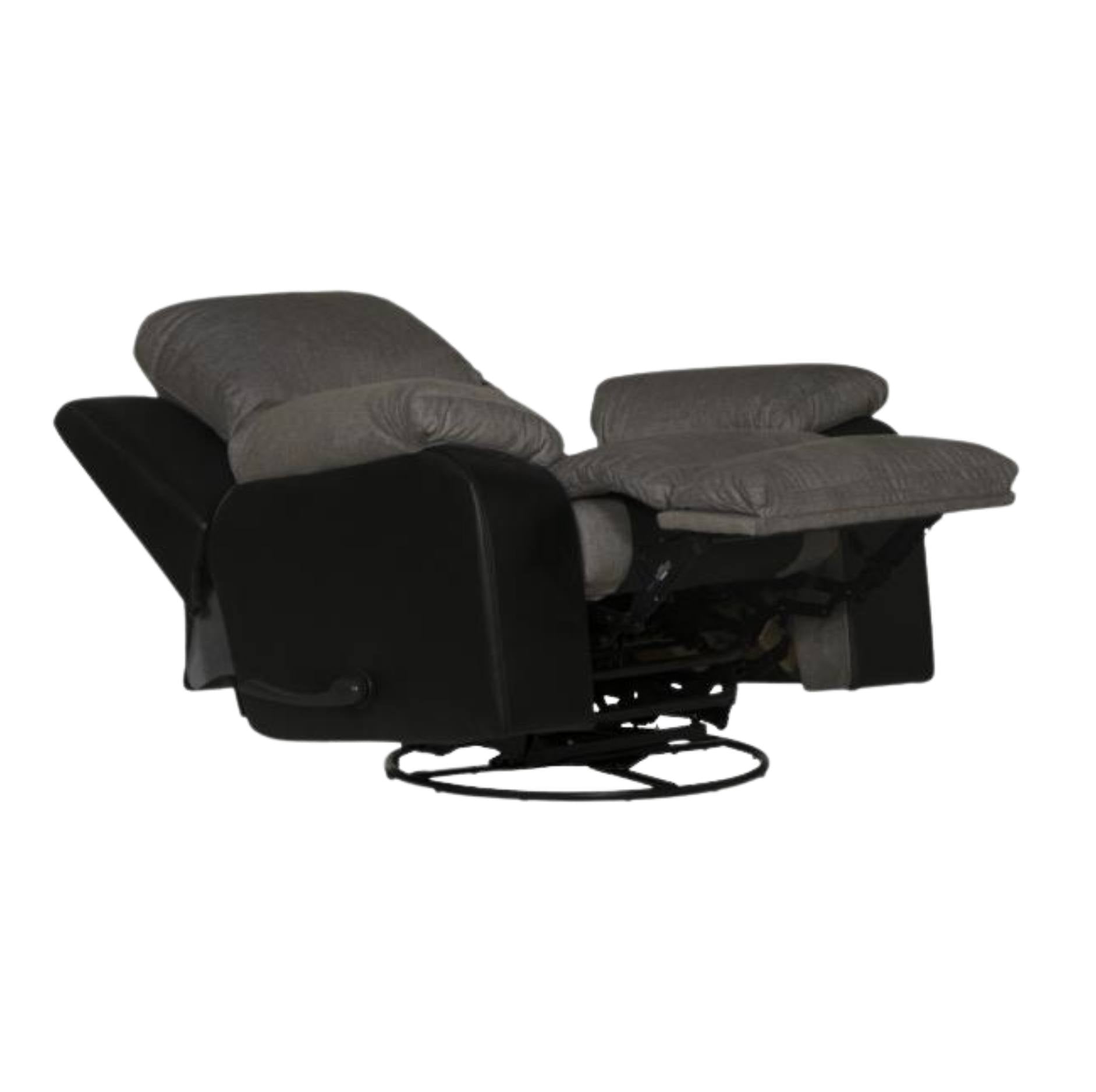 A black recliner chair with gray fabric cushions, shown in a fully extended position on a plain white background.