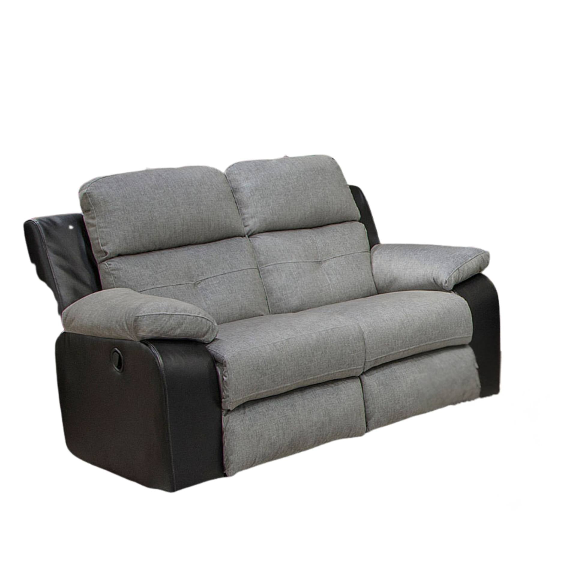 A two-seater reclining loveseat sofa with gray fabric cushions and black side panels, shown on a plain white background.