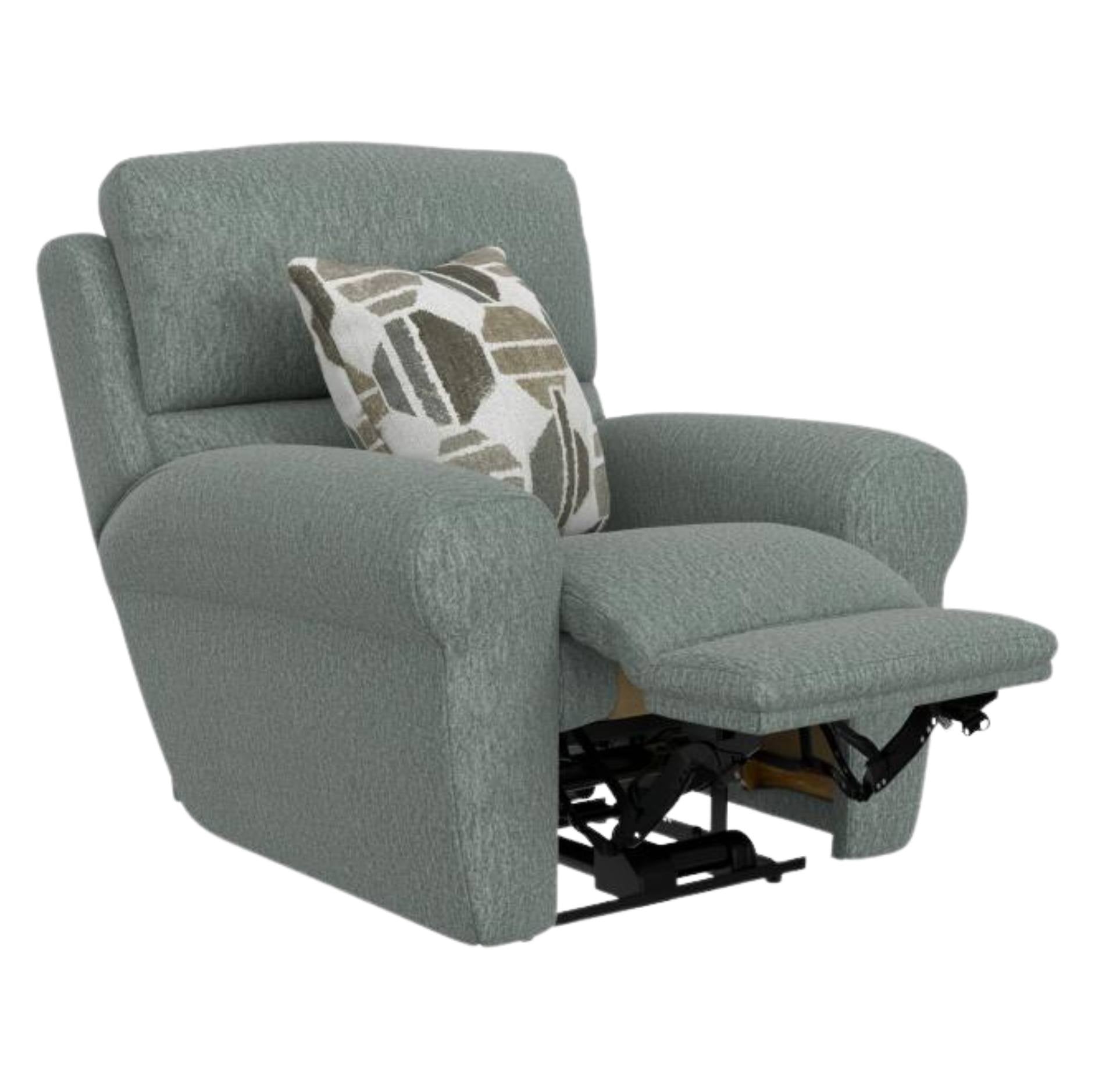 A light sage green upholstered recliner chair with the footrest extended, featuring a patterned throw pillow, shown against a plain white background.