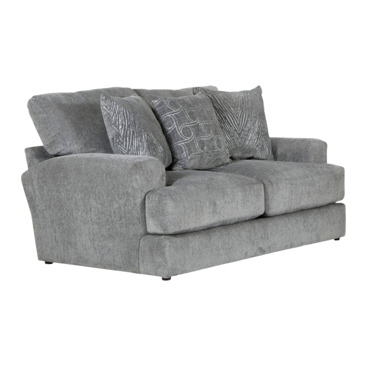 A gray upholstered loveseat with three decorative throw pillows, shown on a plain white background.