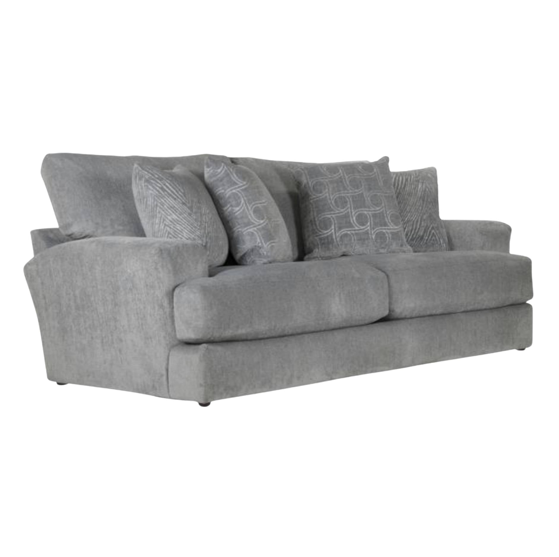 A gray upholstered loveseat sofa with four matching throw pillows, shown on a plain white background.