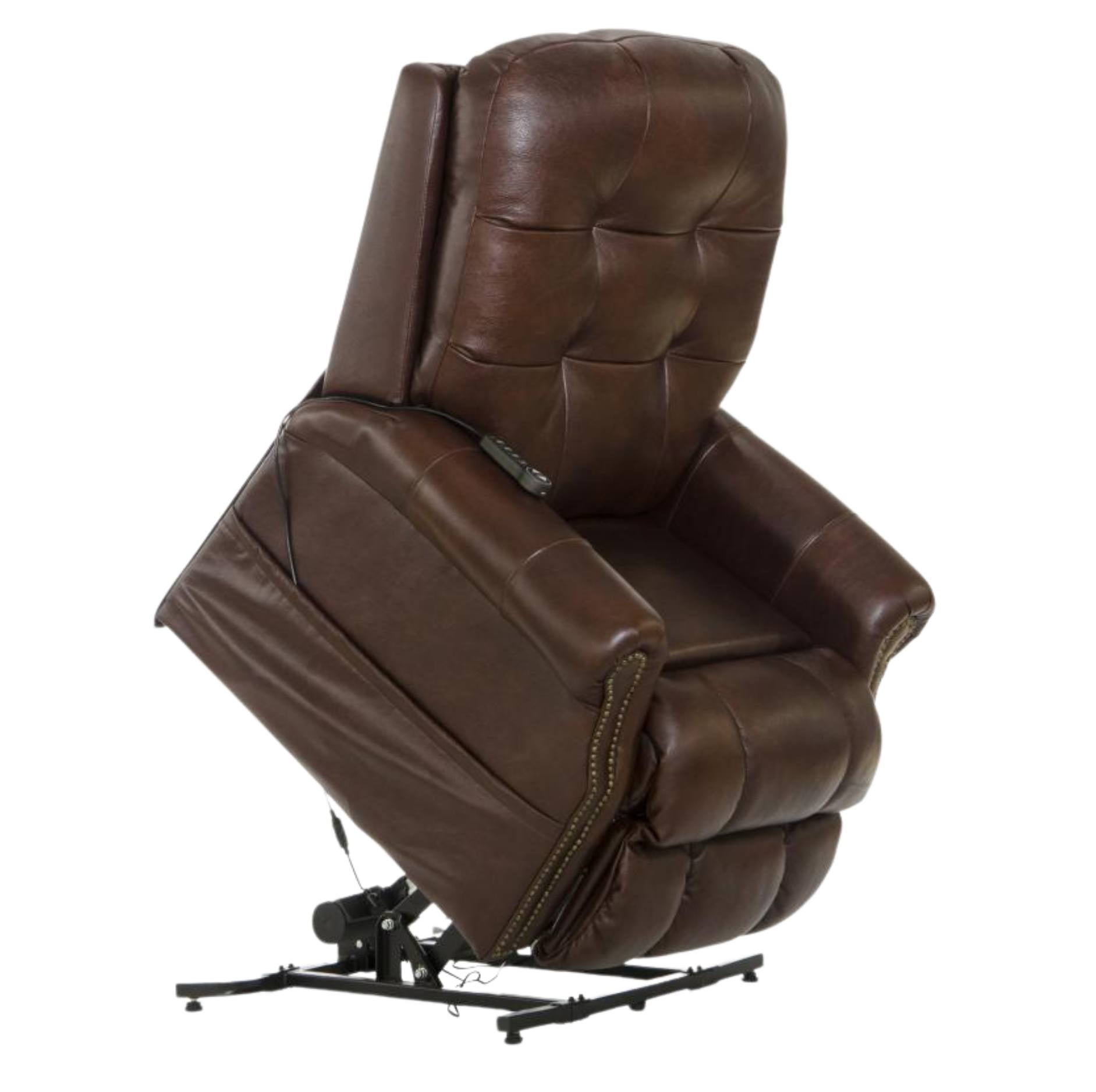 A brown tufted leather recliner chair shown in a tilted, extended position on a black metal base against a plain white background.