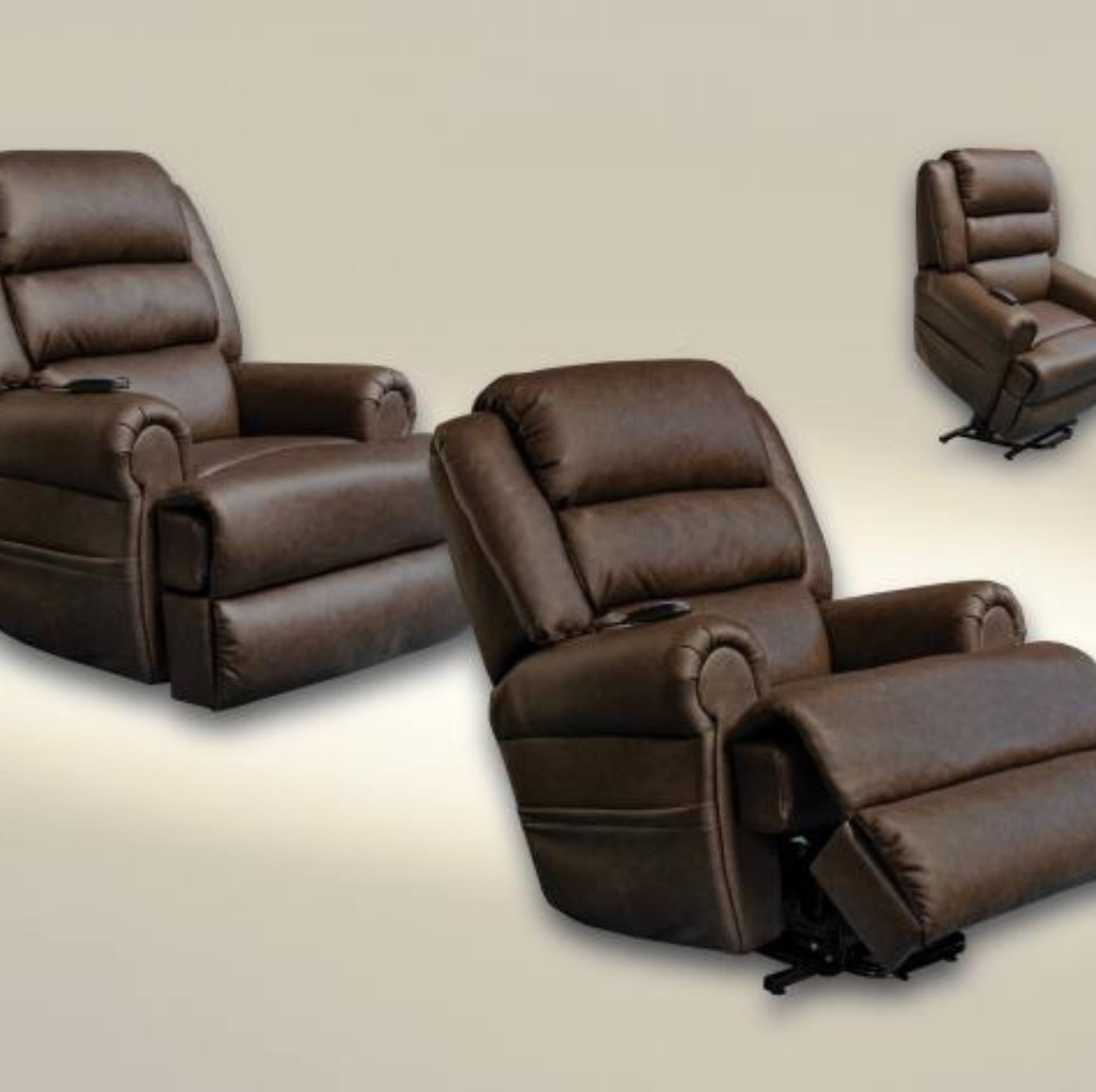 Three views of a dark brown leather recliner chair shown on a plain beige background, including one view with the chair extended.