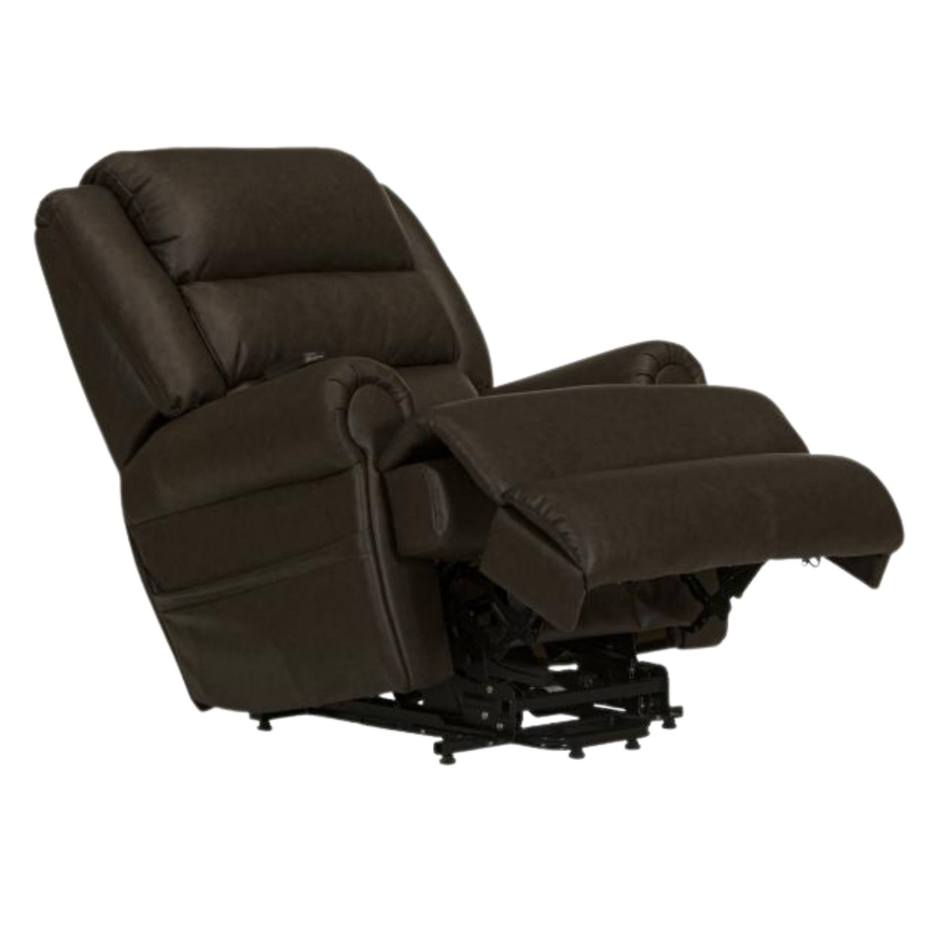 A dark brown upholstered recliner chair shown in a reclined position with the footrest extended, photographed against a plain white background.
