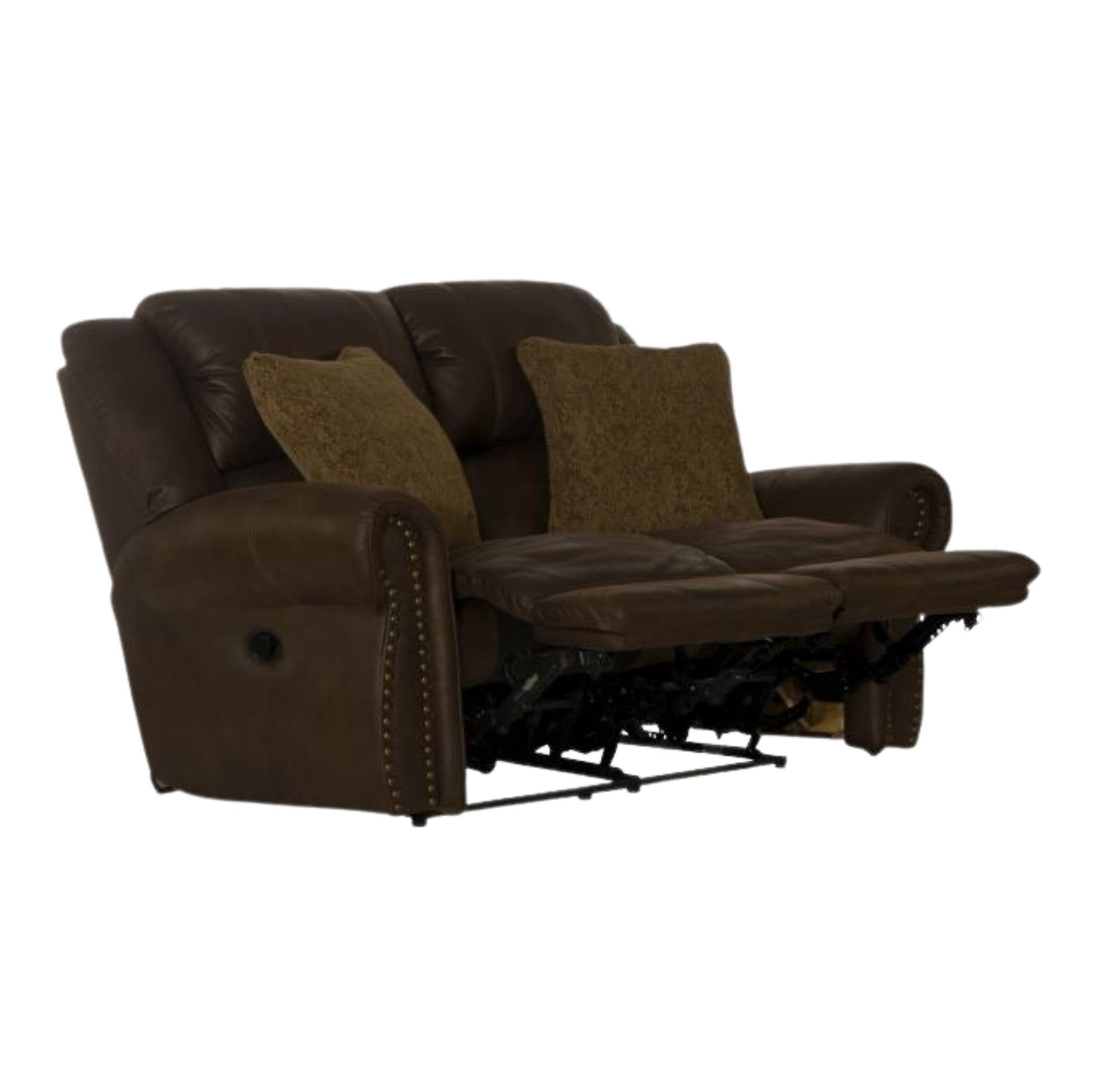 A brown leather reclining loveseat shown with both seat cushions extended and two matching brown throw pillows, isolated on a white background.