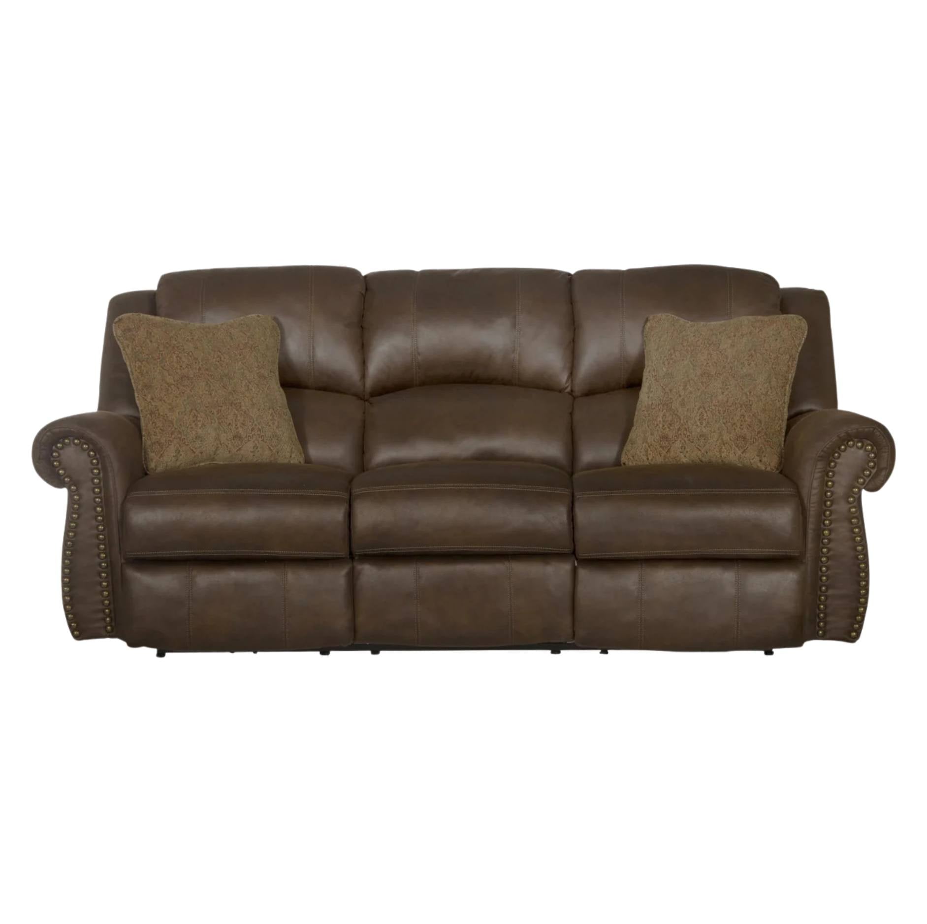 A brown leather reclining sofa with two textured brown throw pillows, shown against a plain white background.
