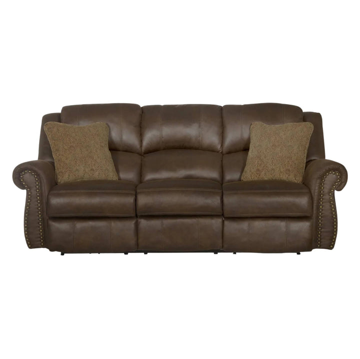 A brown leather reclining sofa with two textured brown throw pillows, shown against a plain white background.
