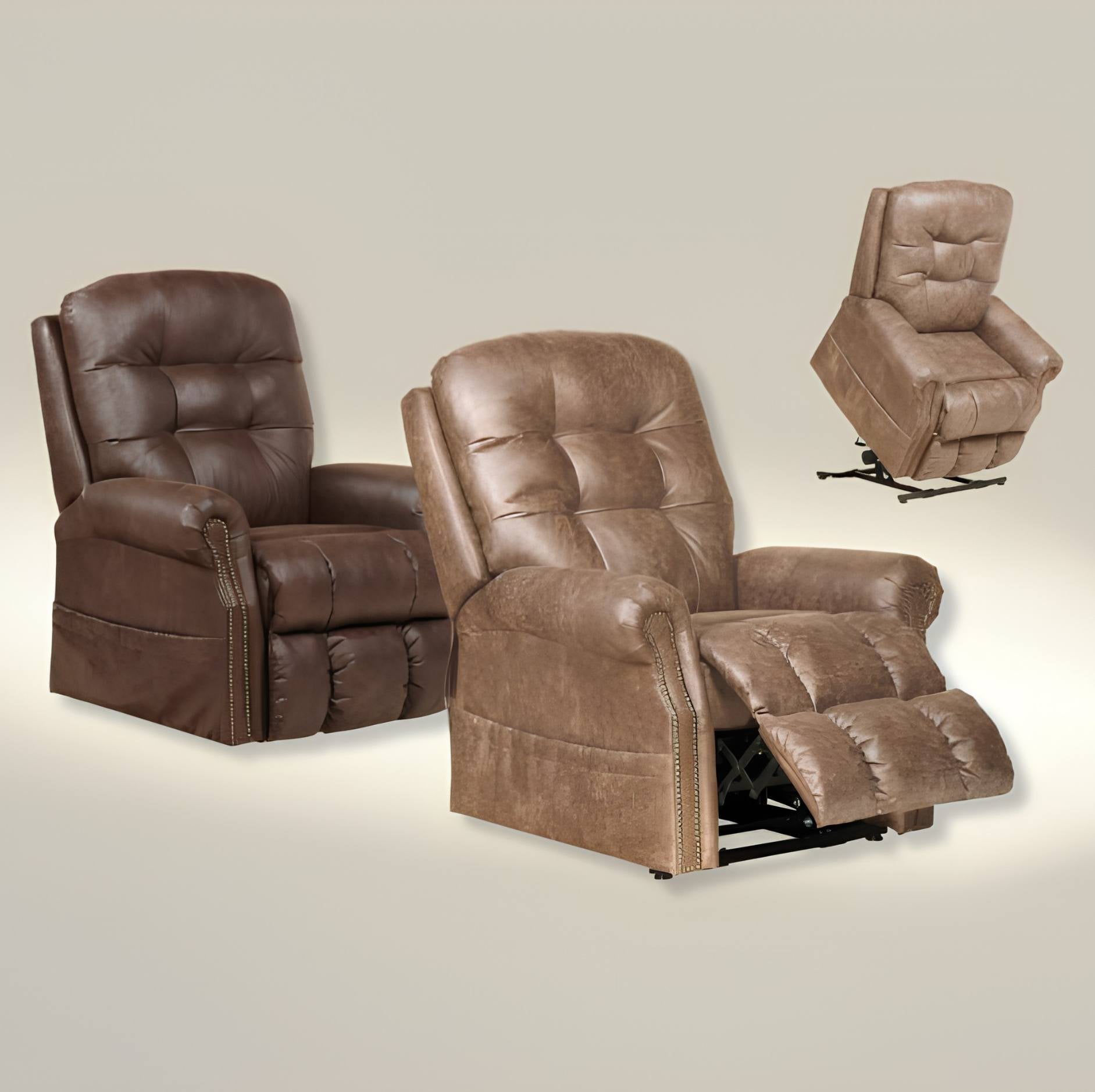 Brown leather recliner chair shown in three views: one fully reclined, one upright, and one shown from an angle with the footrest extended. The recliner is photographed on a plain light beige studio background.
