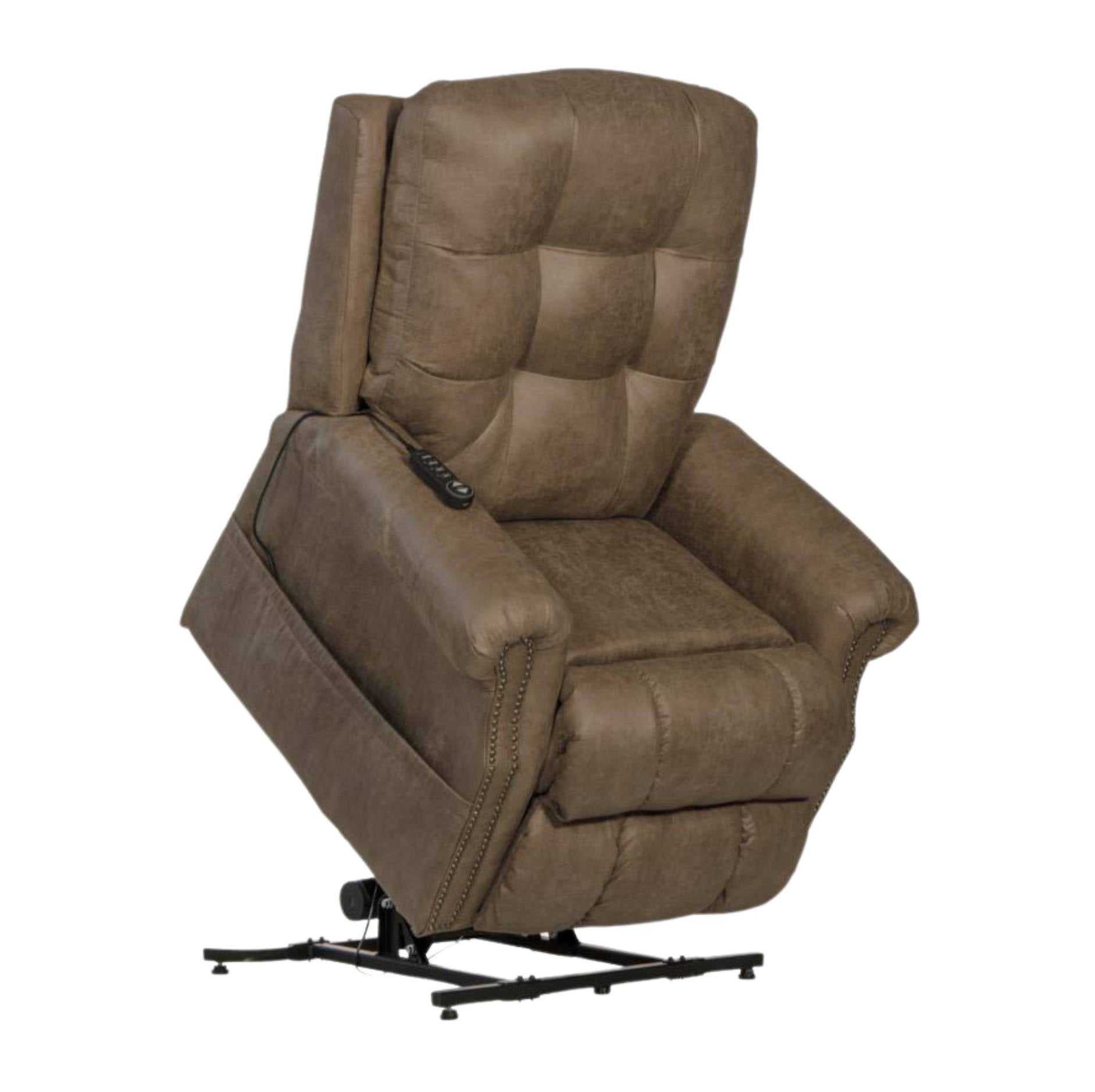 A brown tufted power lift recliner chair with a black metal base and a remote control resting on the armrest, shown against a plain white background.