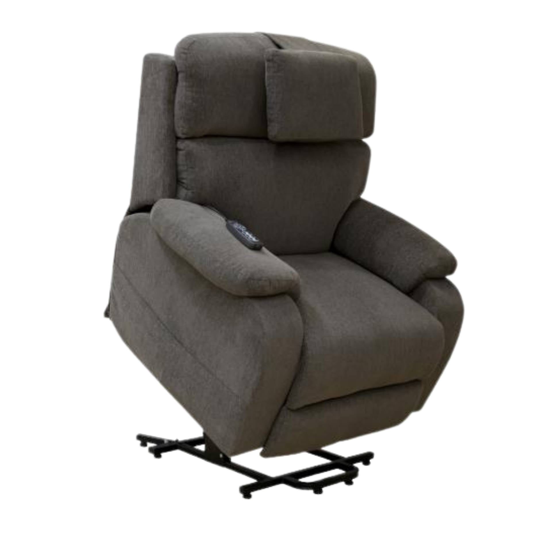 A gray upholstered recliner chair with a high back, padded headrest, and black metal support base, shown on a plain white background.