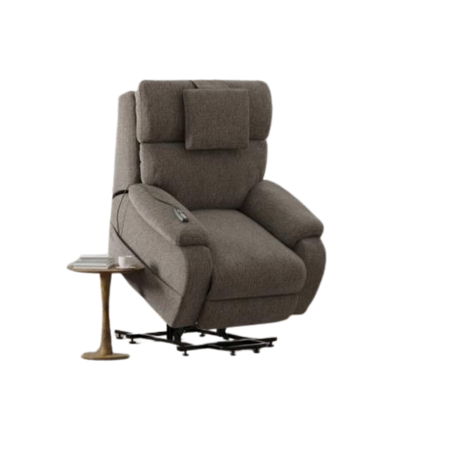 A gray upholstered recliner chair with a small side table attached on the left, shown on a plain white background.