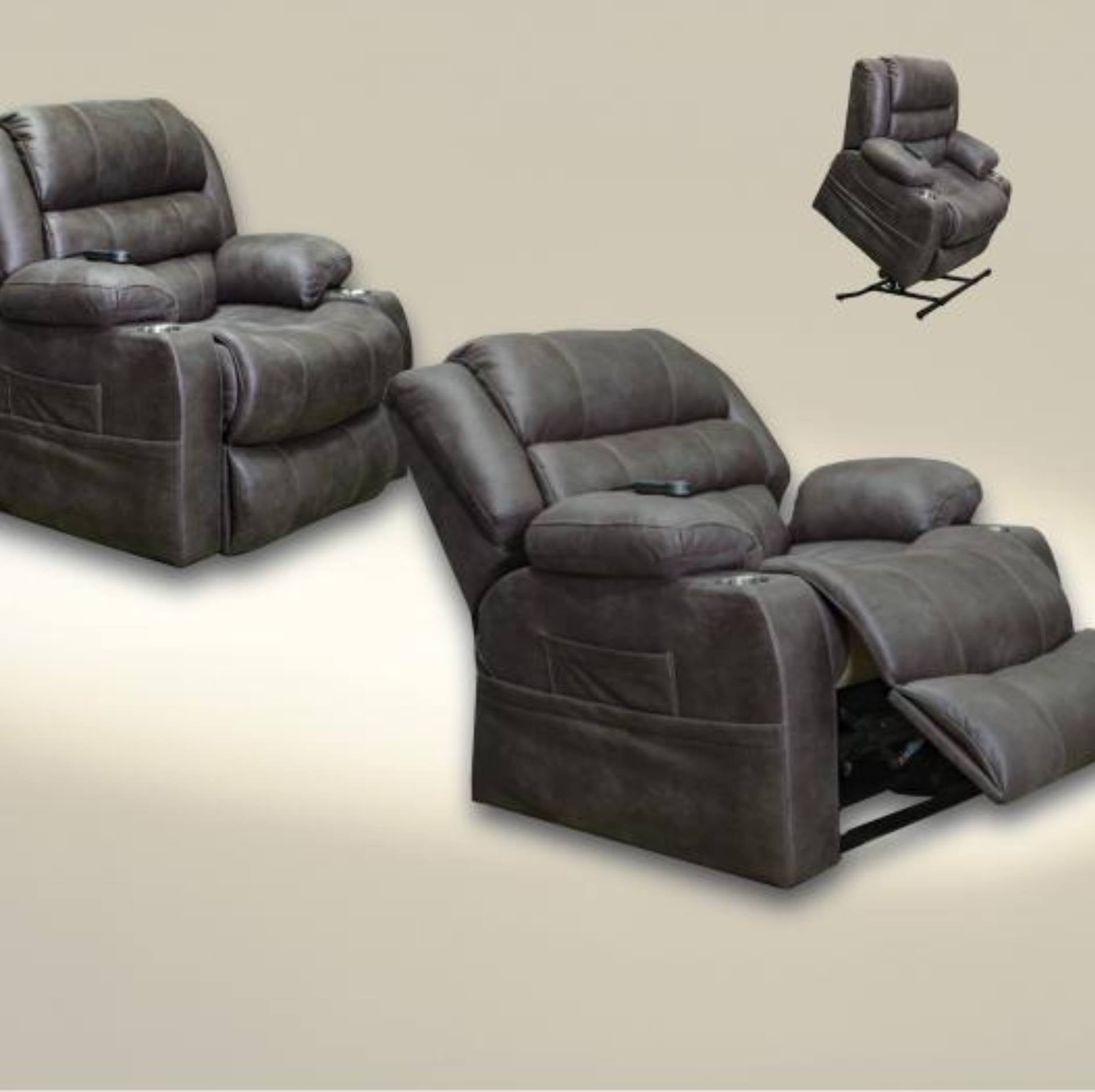 A dark gray faux-leather recliner chair shown in two views: one fully reclined and one in a semi-upright position with a small floating inset of the chair on a stand. The background is a solid beige gradient.
