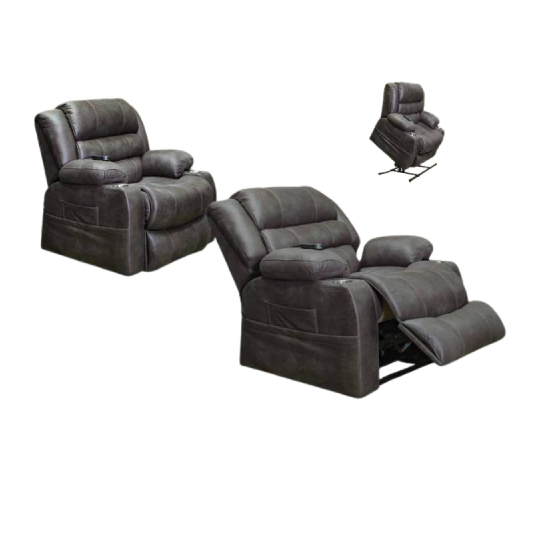 A dark gray faux leather recliner chair shown in two views: one fully reclined with the footrest extended, and another smaller inset view showing the chair from a different angle on a white background.