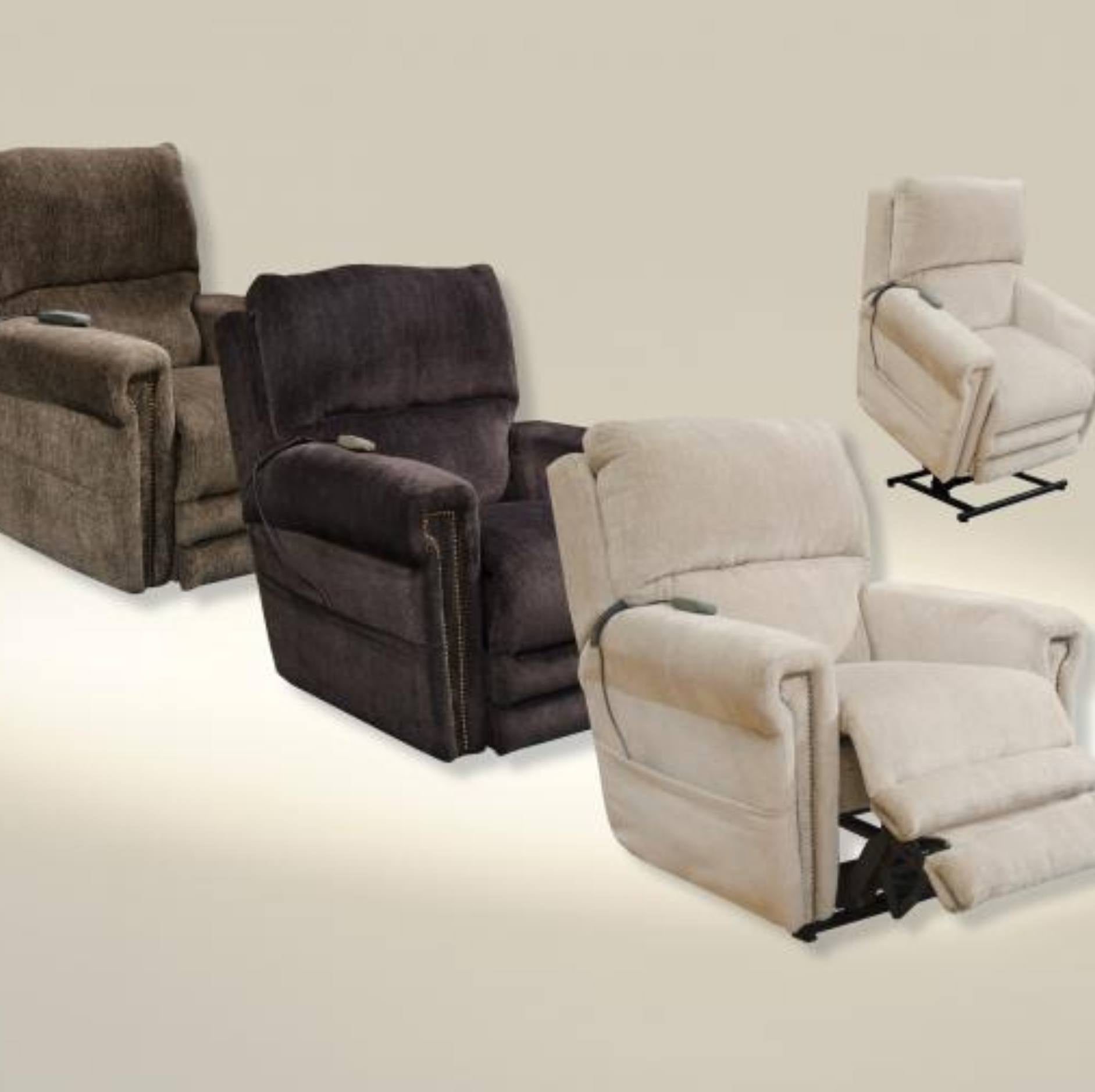 Three upholstered recliner chairs shown on a plain light beige background: one in taupe-brown, one in very dark brown, and one in light beige with the footrest extended. A smaller inset view in the upper right shows the chair from the back on a black frame.