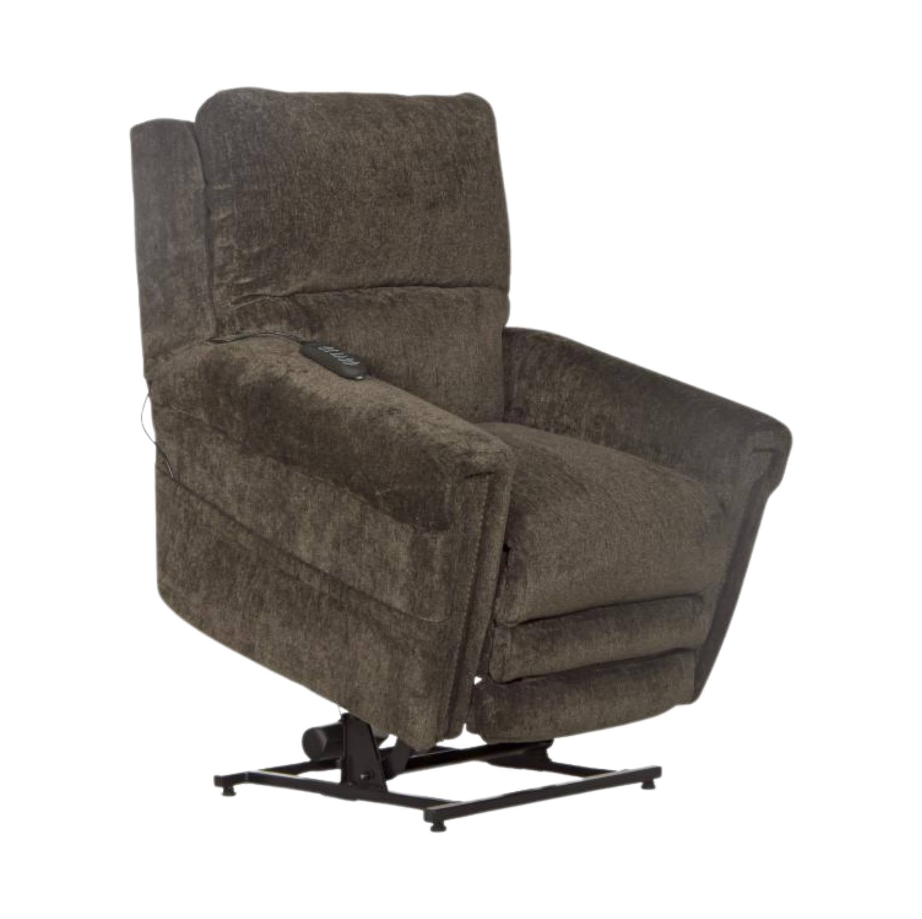 A dark brown textured fabric power lift recliner chair with a black metal swivel base, shown against a plain white background.