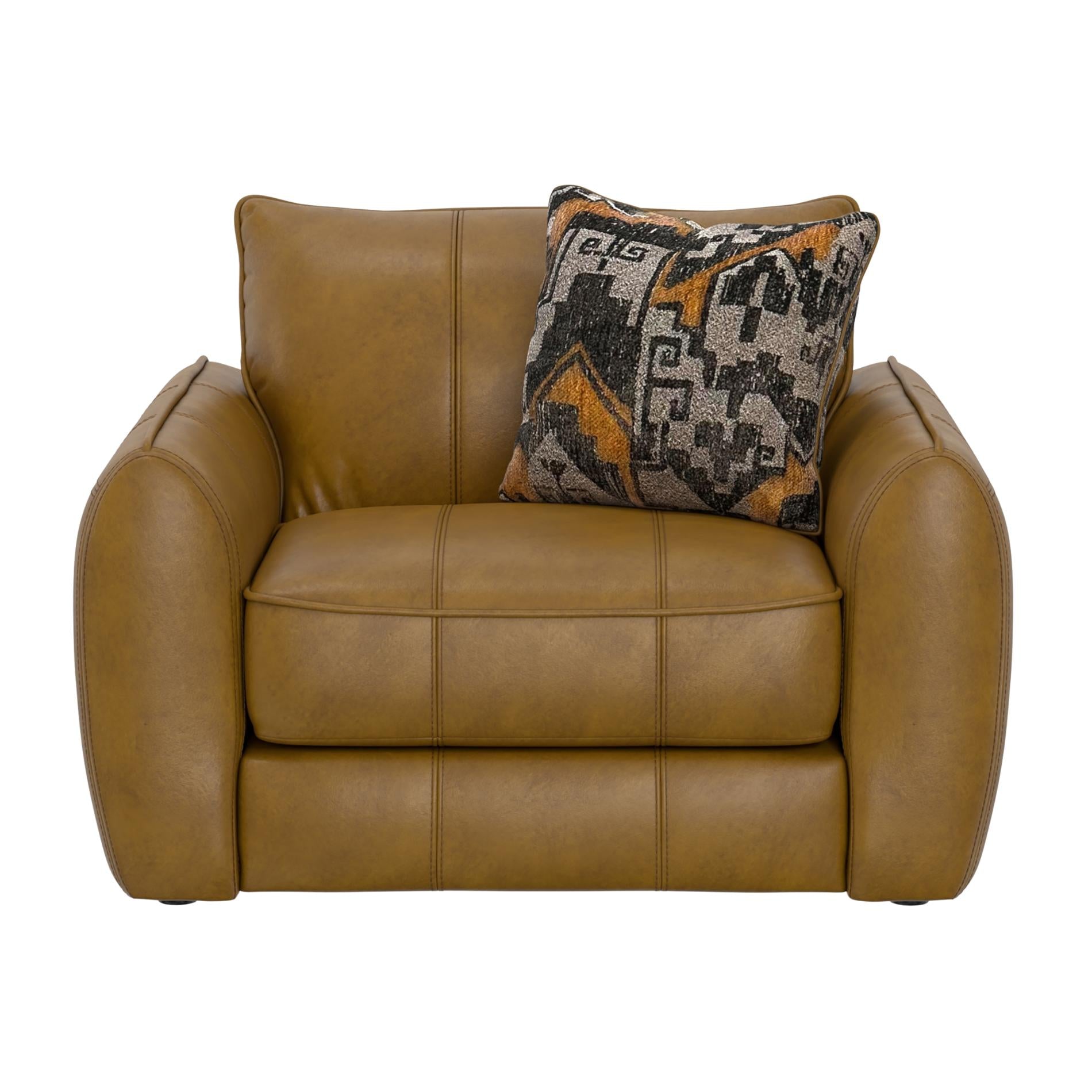 Brown leather armchair with a patterned pillow on a white background