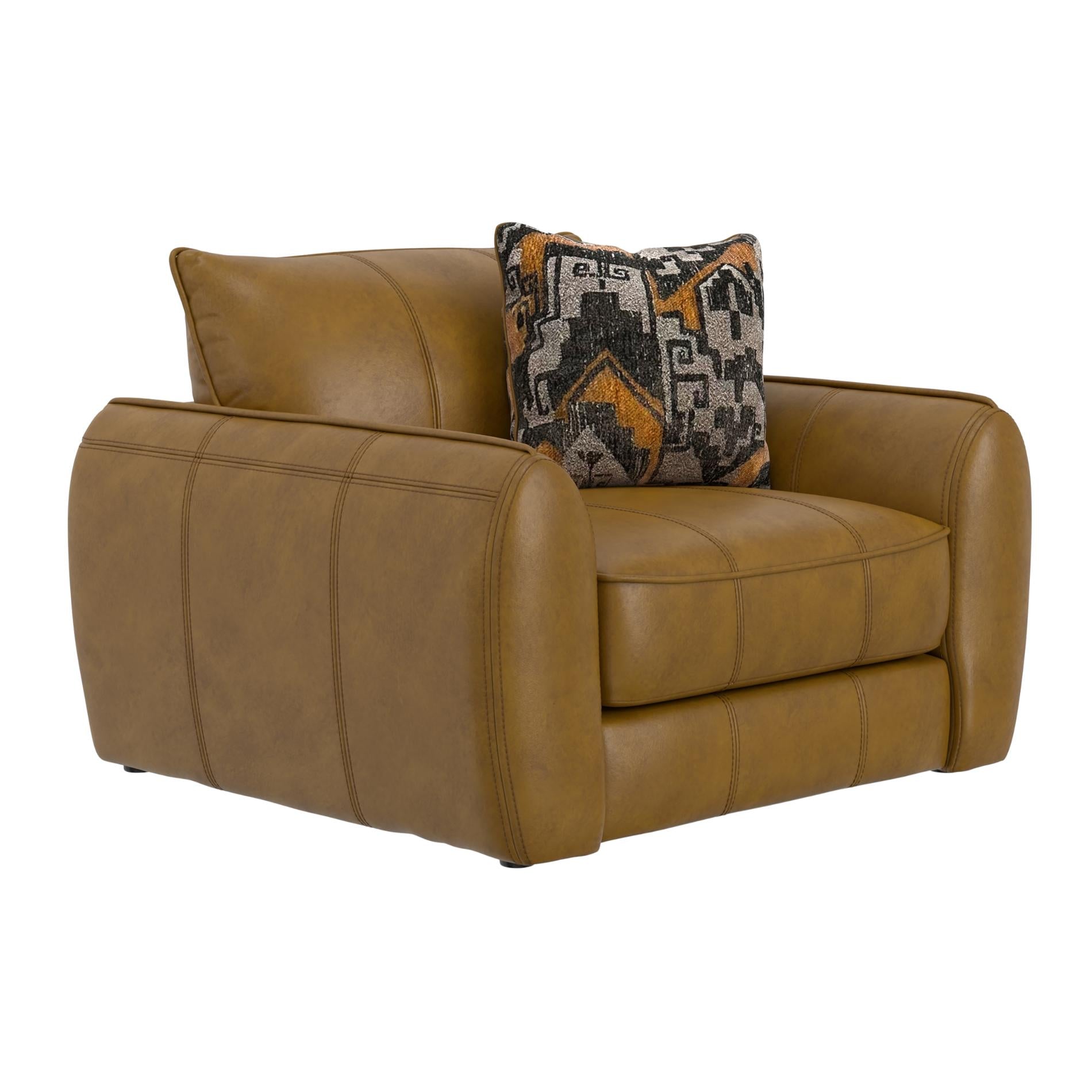 Brown leather armchair with a patterned pillow on a white background