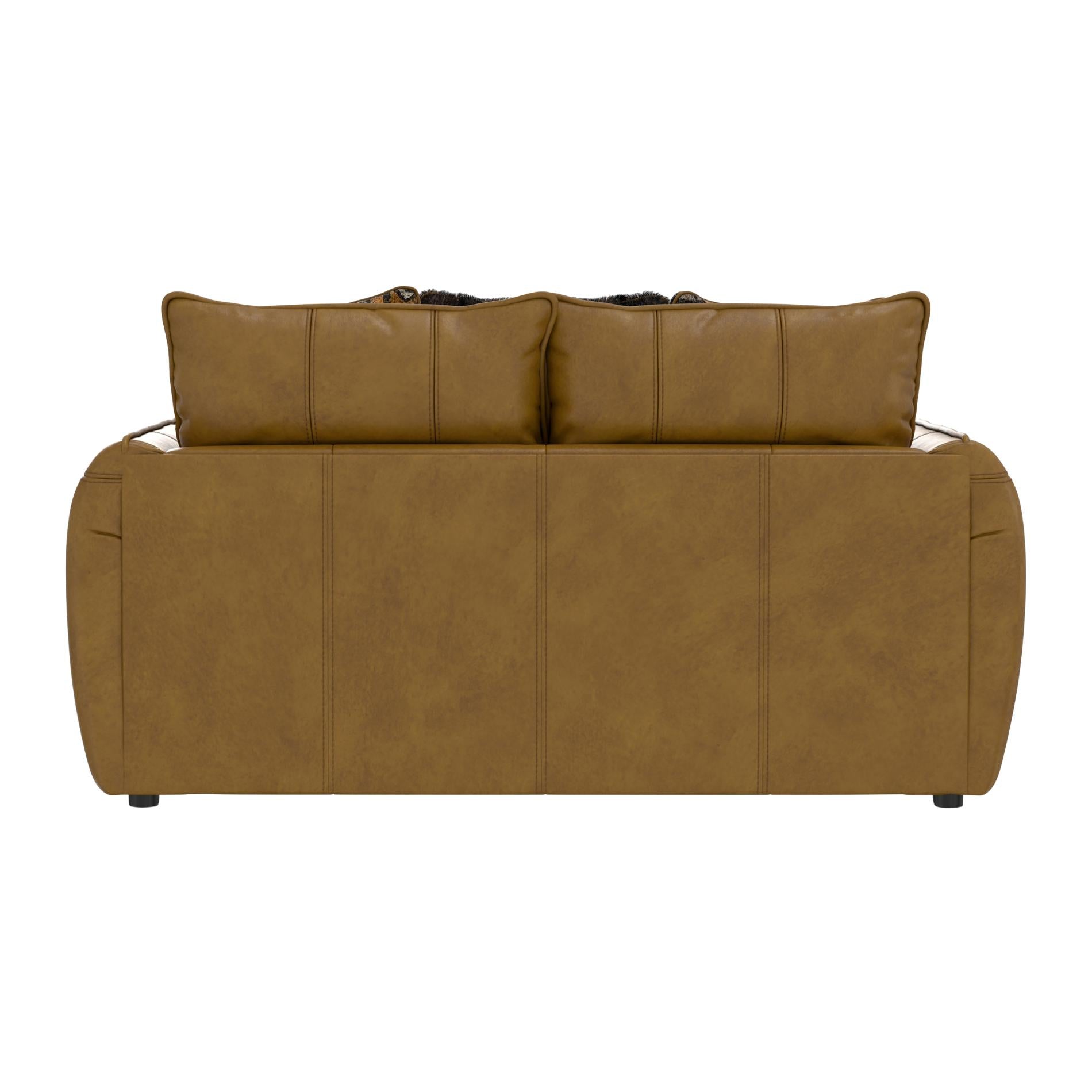 Brown leather sofa with three cushions on a white background