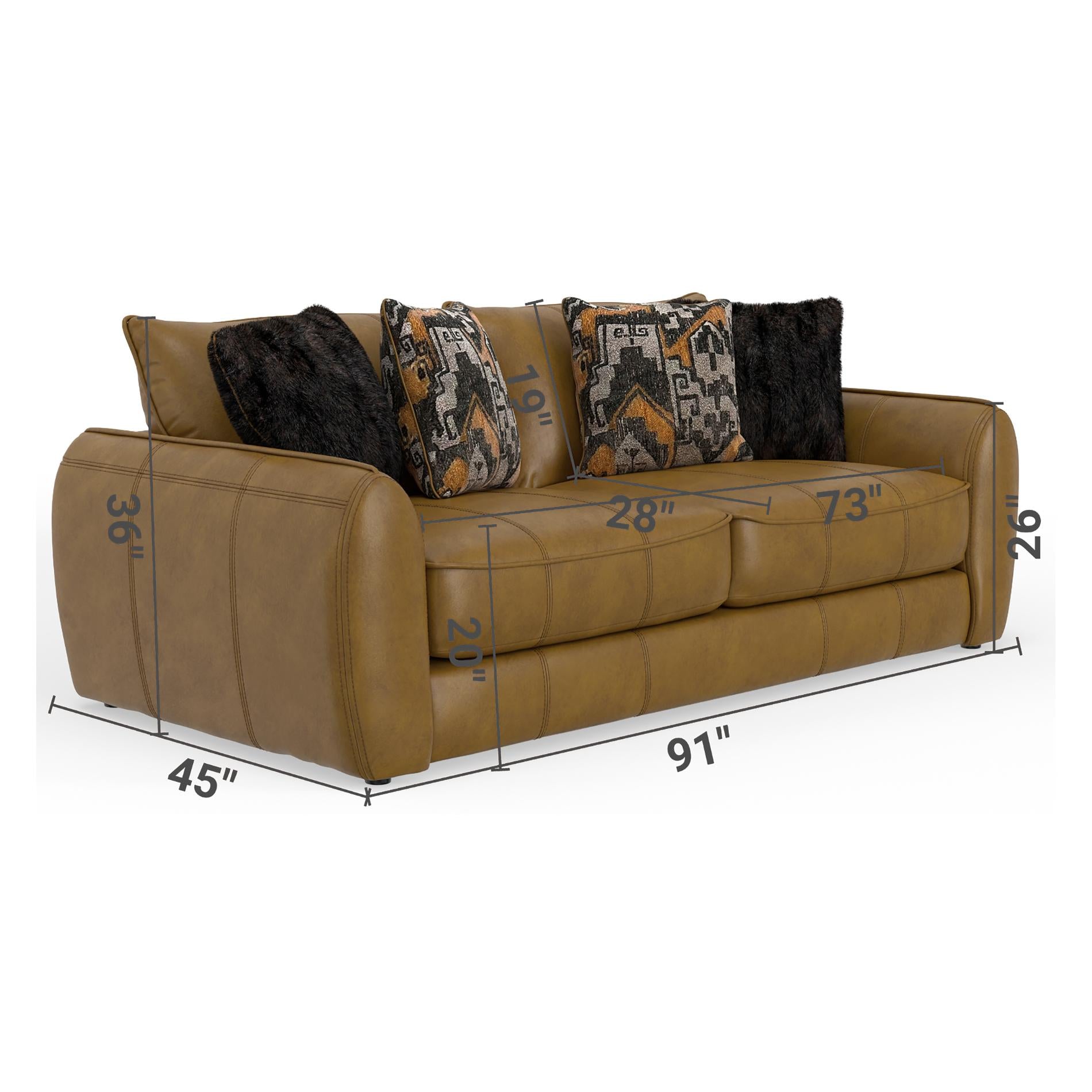 Brown leather sofa with patterned cushions and dimensions on a white background