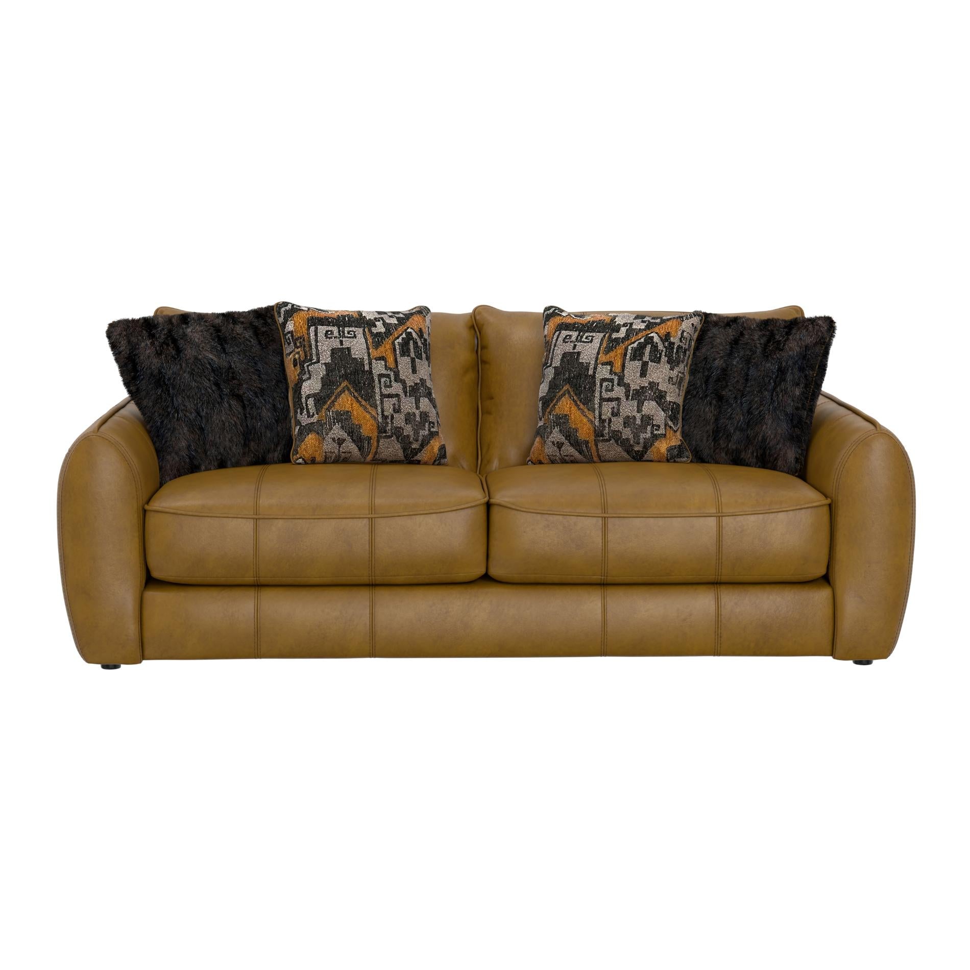 Brown leather sofa with patterned and solid color pillows on a white background