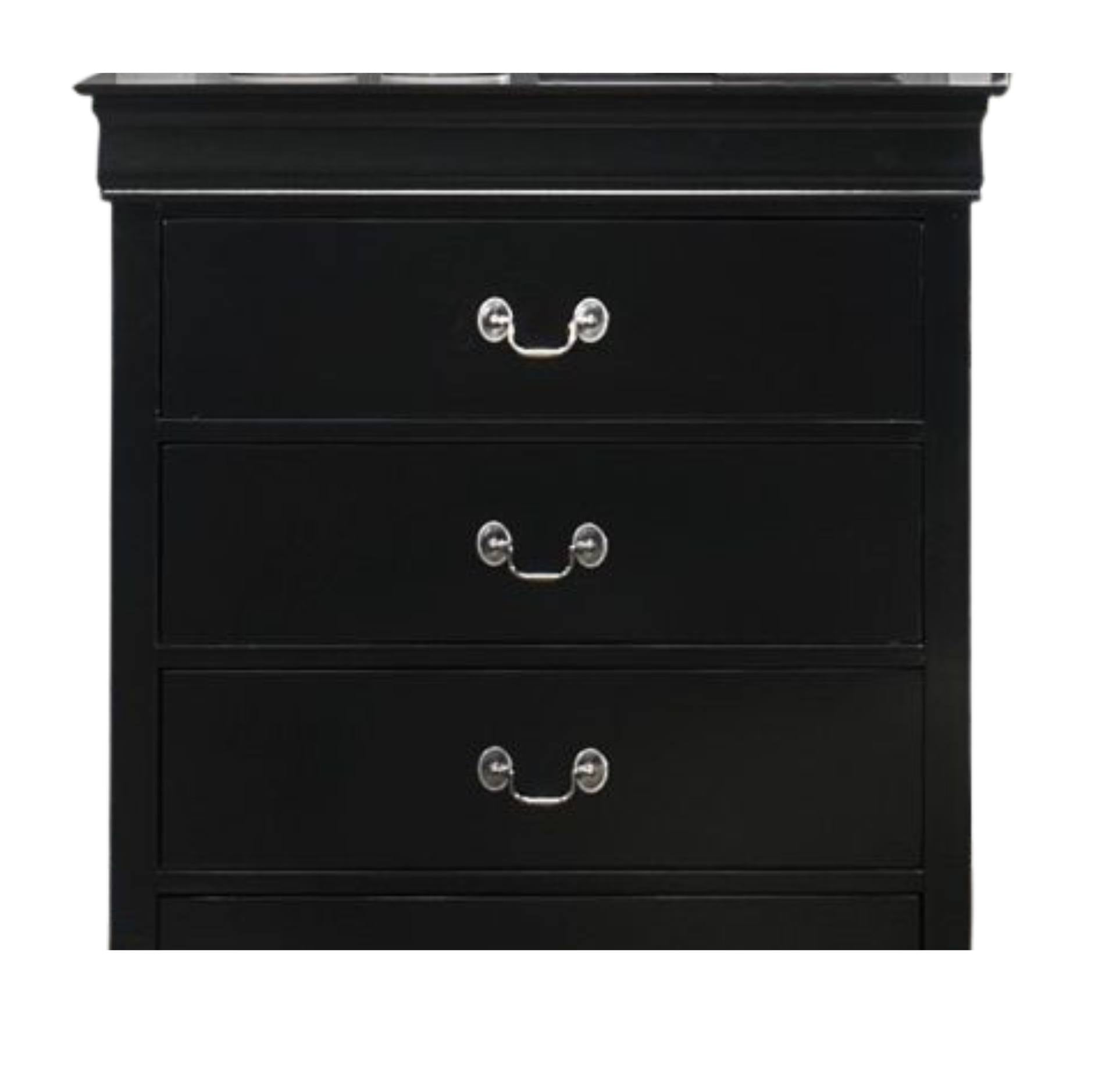 A three-drawer black wooden dresser with silver metal drawer pulls, shown against a plain white background.
