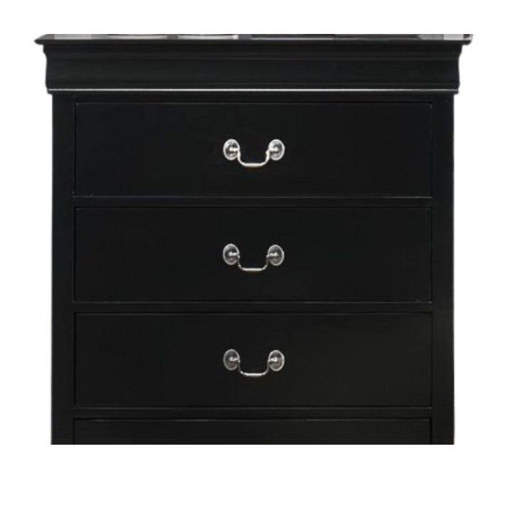 A three-drawer black wooden dresser with silver metal drawer pulls, shown against a plain white background.