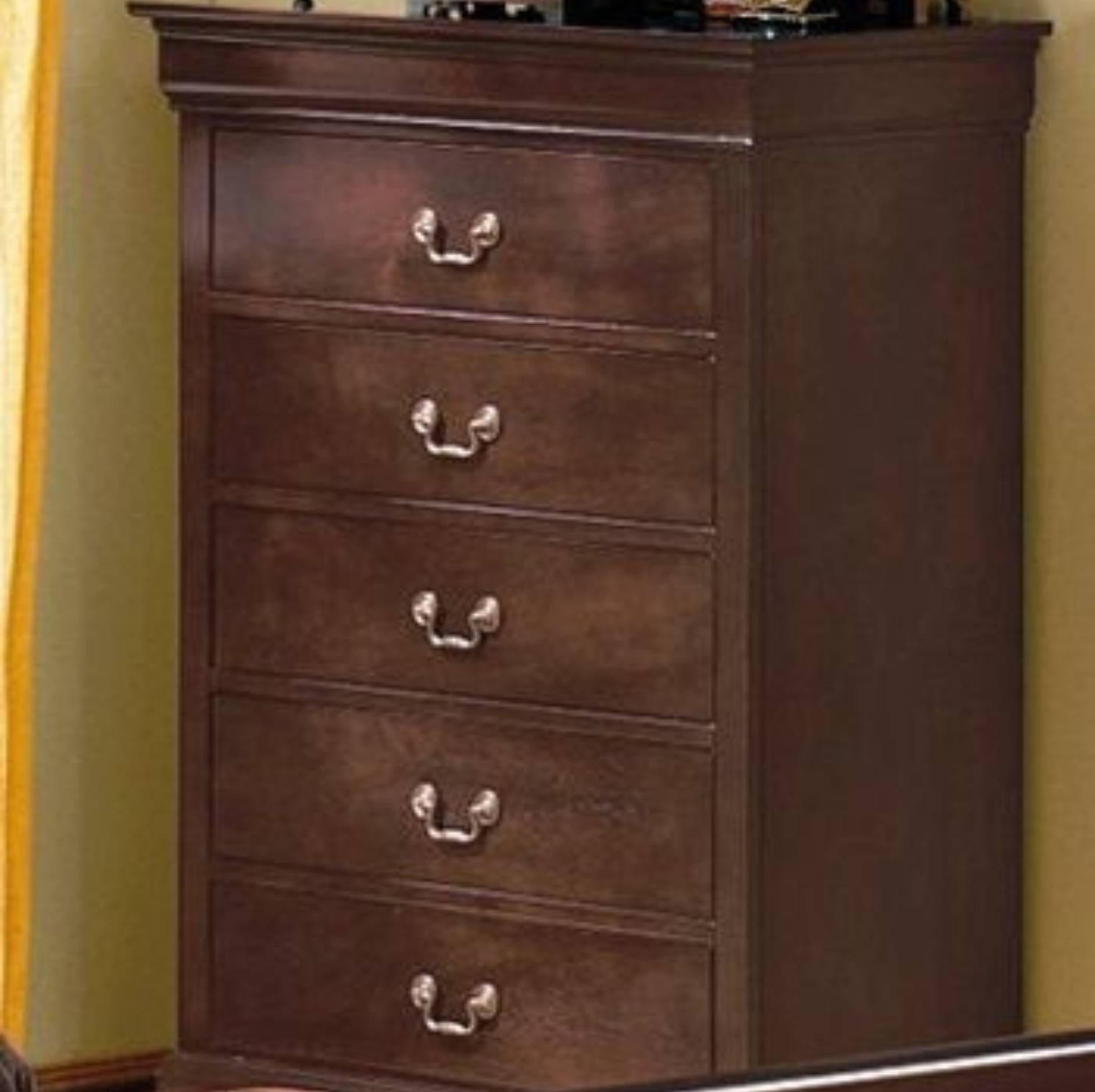 A dark brown wooden five-drawer chest with silver metal handles, shown in a bedroom setting next to a yellow wall and curtain.