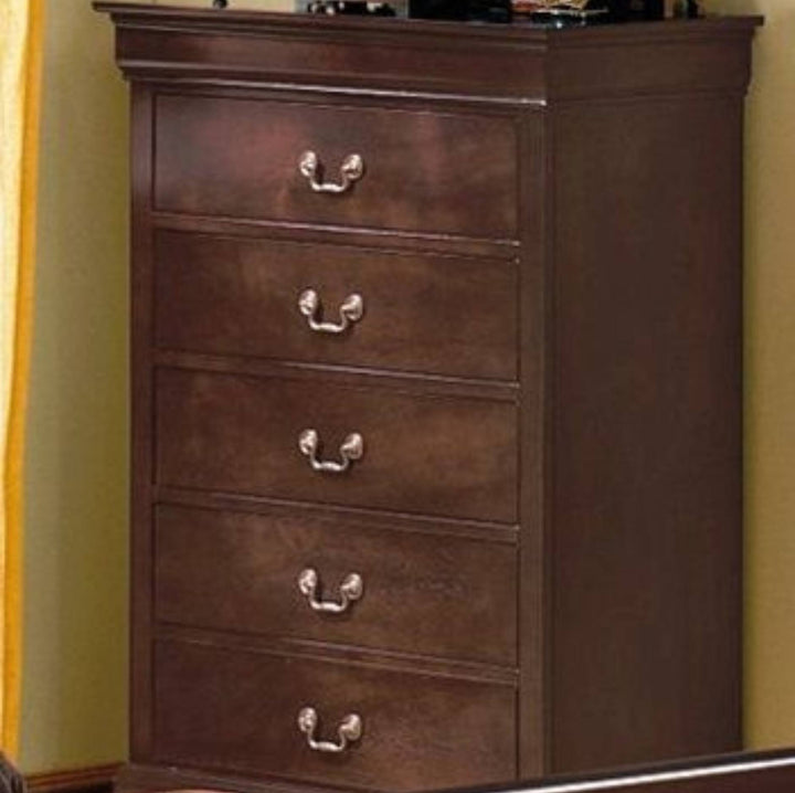 A dark brown wooden five-drawer chest with silver metal handles, shown in a bedroom setting next to a yellow wall and curtain.