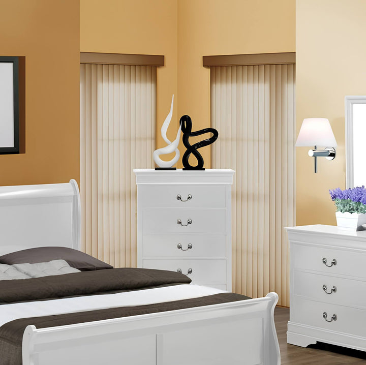 A bedroom furniture set including a white wooden bed frame, matching dresser, and tall chest of drawers, styled with brown bedding and decorative items against warm yellow walls.
