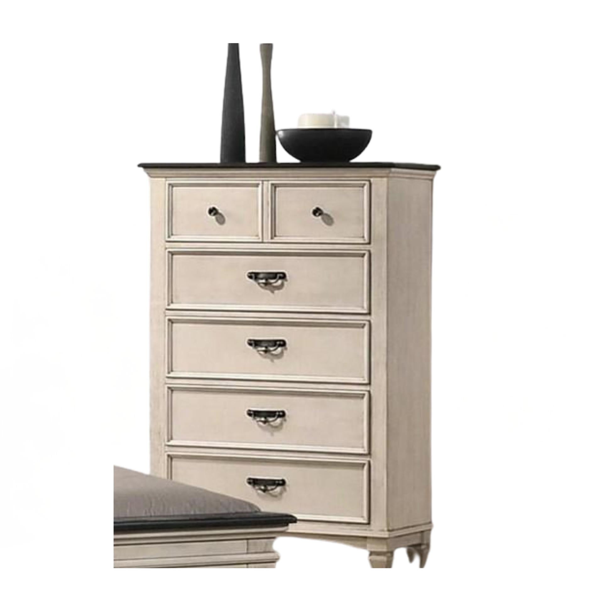 Beige dresser with five drawers on a white background