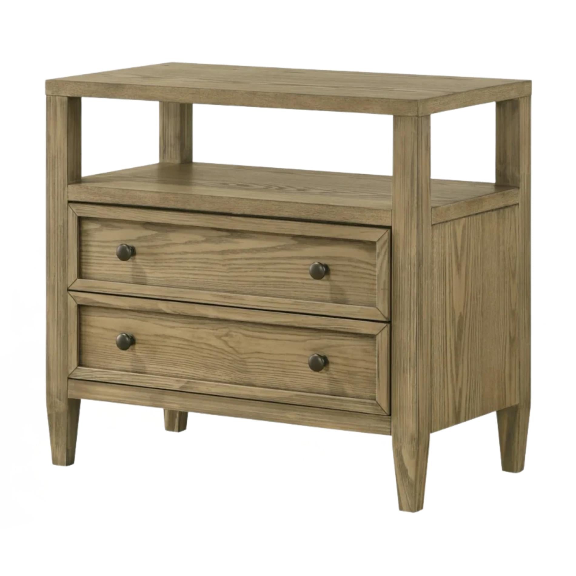 Wooden nightstand with two drawers on a white background