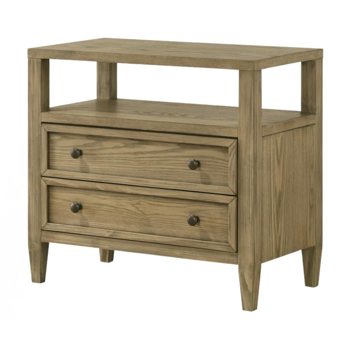 Wooden nightstand with two drawers on a white background