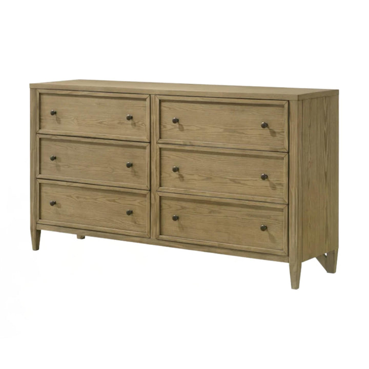 Wooden dresser with six drawers on a white background