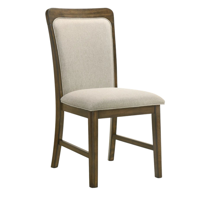 A wooden dining chair with a medium brown frame and light beige upholstered seat and backrest, shown on a plain white background.