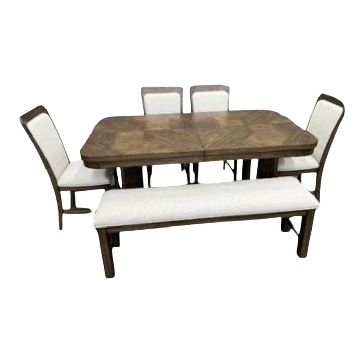 A 7-piece dining room set featuring a rectangular wood table, a matching bench with cream upholstery, and four chairs with cream upholstered seats and dark wood frames, shown against a plain white background.