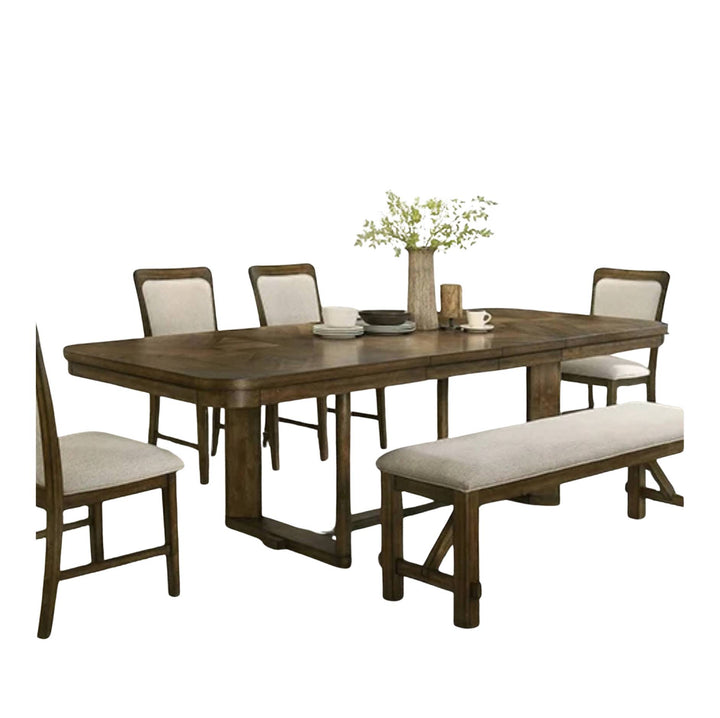 A 6-piece rustic dining room set featuring a rectangular wooden table, four matching chairs with cream upholstered seats, and a long bench with a cream upholstered seat, shown on a plain white background.
