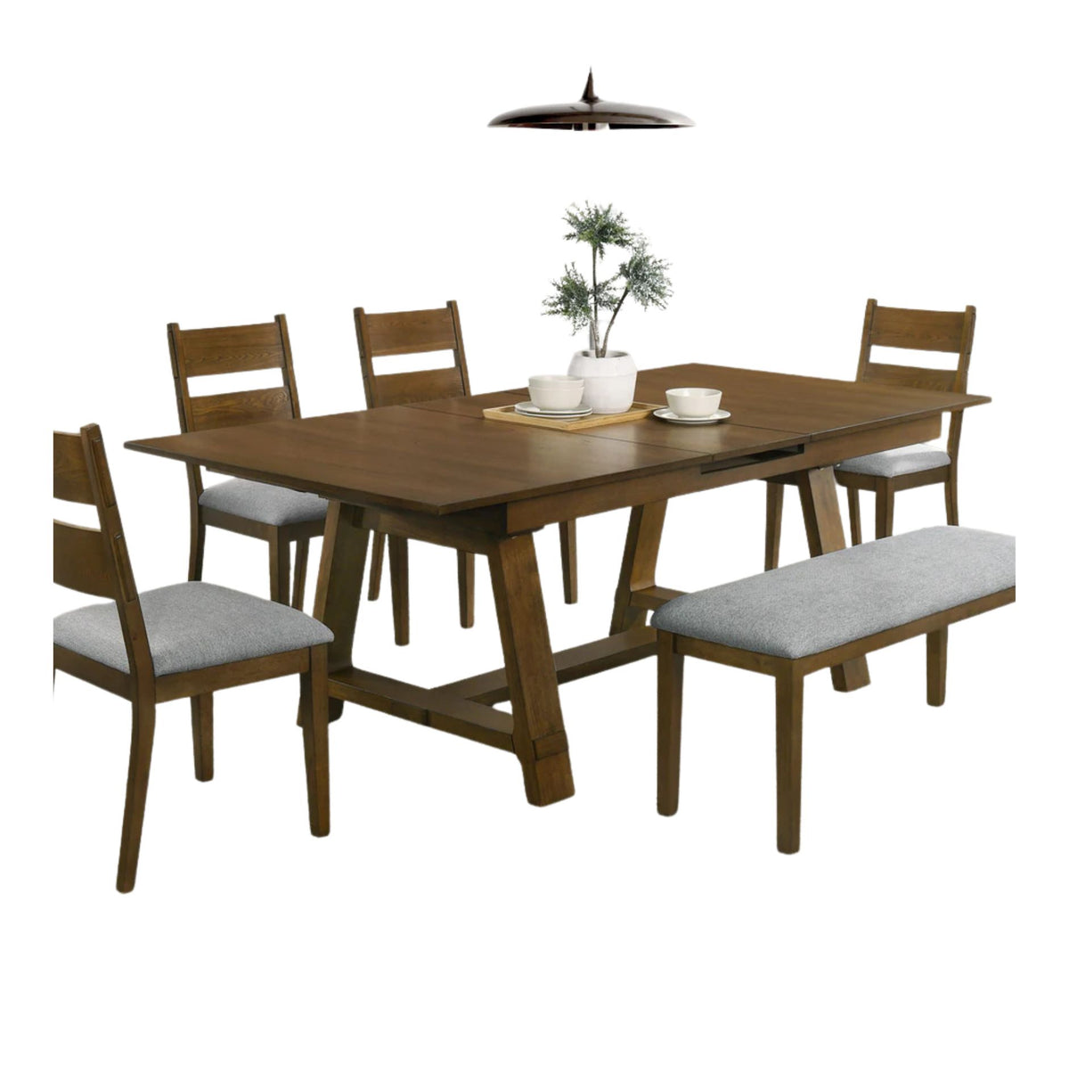 A 5-piece wooden dining set featuring a rectangular extendable table, four matching chairs with gray upholstered seats, and a matching bench with gray upholstered seats, shown on a plain white background with a hanging lamp above.
