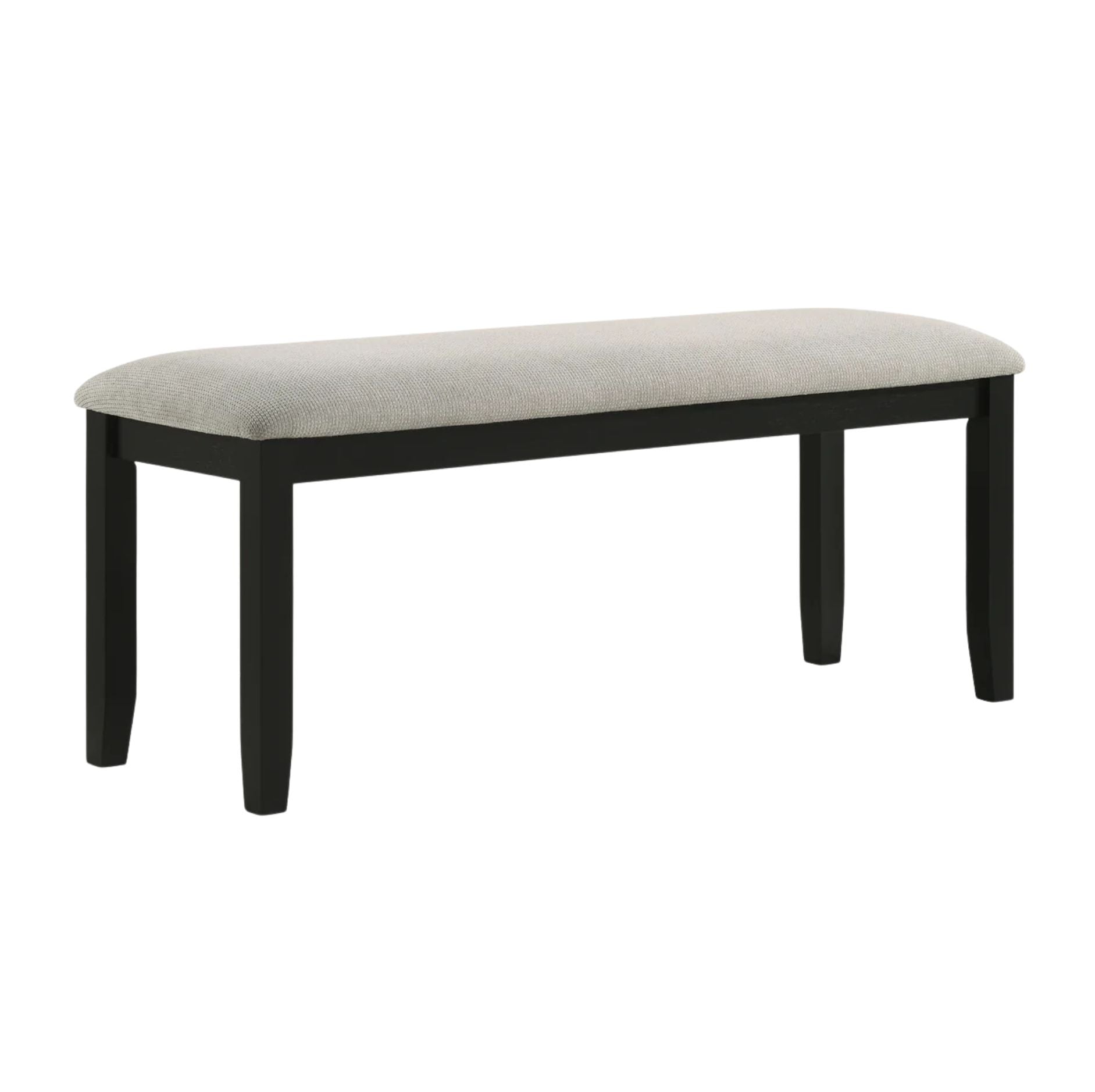 A modern bench with a black wooden frame and a light beige upholstered seat cushion, shown against a plain white background.