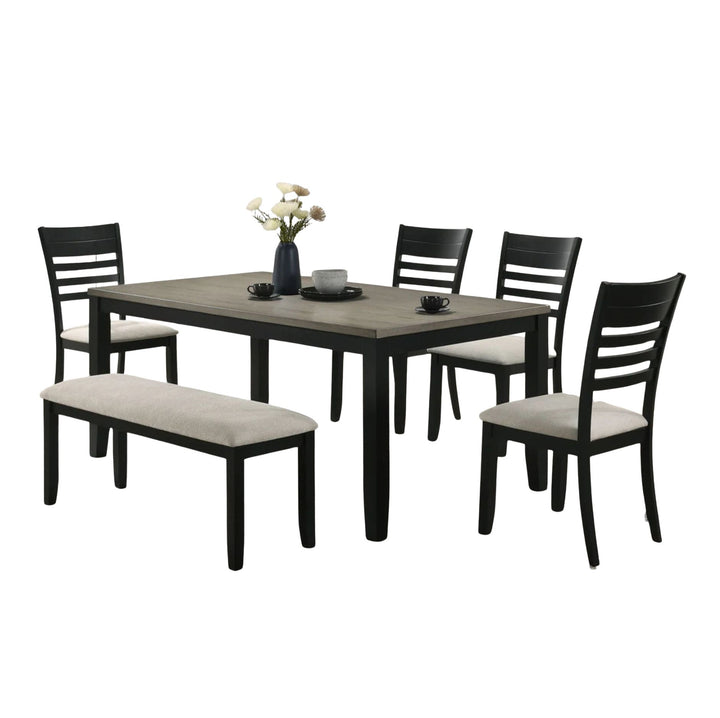 A 5-piece dining room set featuring a rectangular table with a gray-brown wood grain top and black legs, four matching black ladder-back chairs with light beige upholstered seats, and a long bench with a light beige upholstered seat, shown on a solid white background.