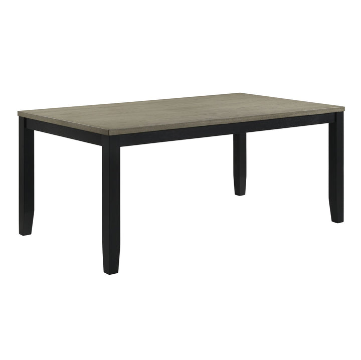 A rectangular dining table with a light gray wood-grain top and a black metal frame, shown on a plain white background.